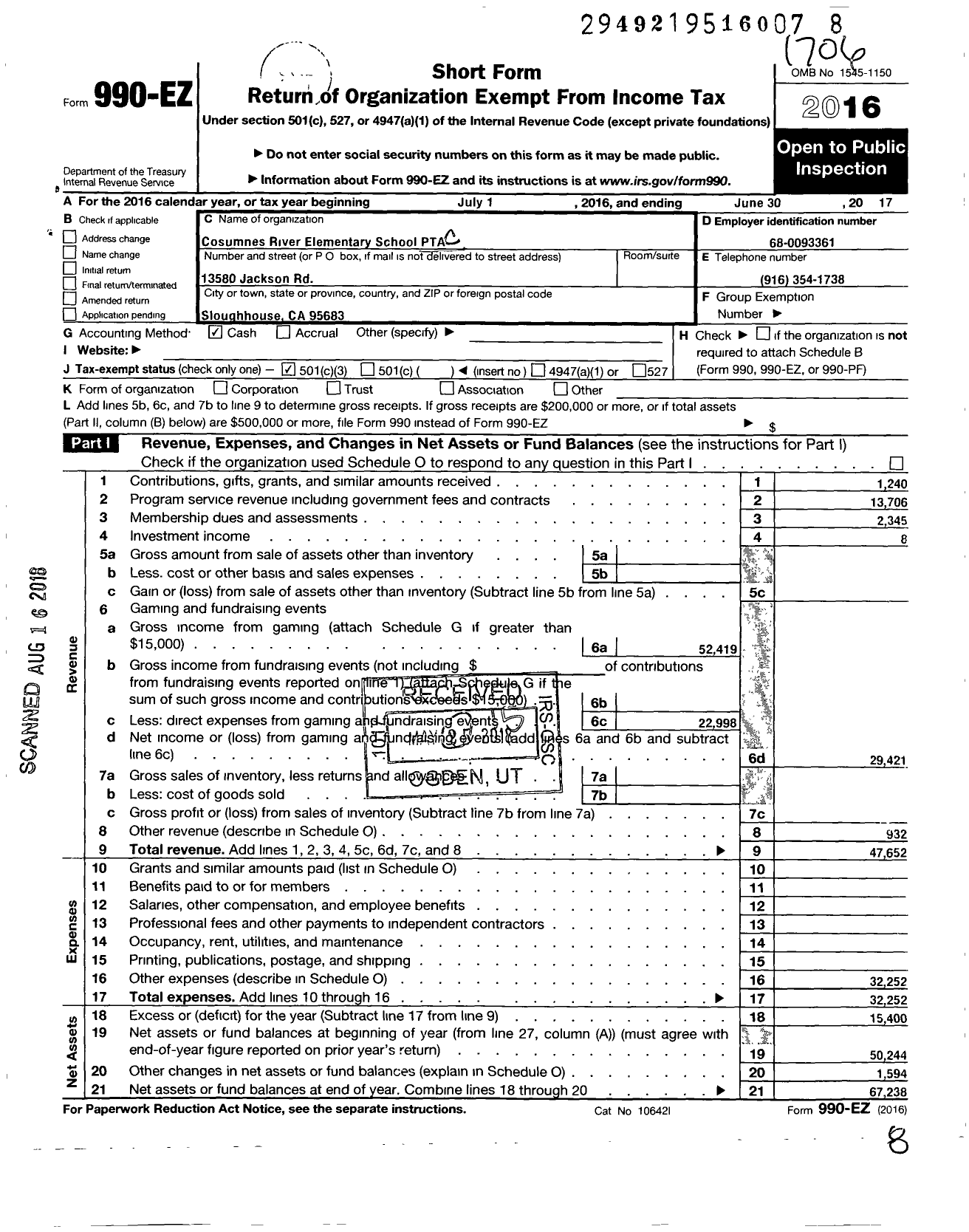 Image of first page of 2016 Form 990EZ for California State PTA - 3587 Cosumnes River Elementary PTA