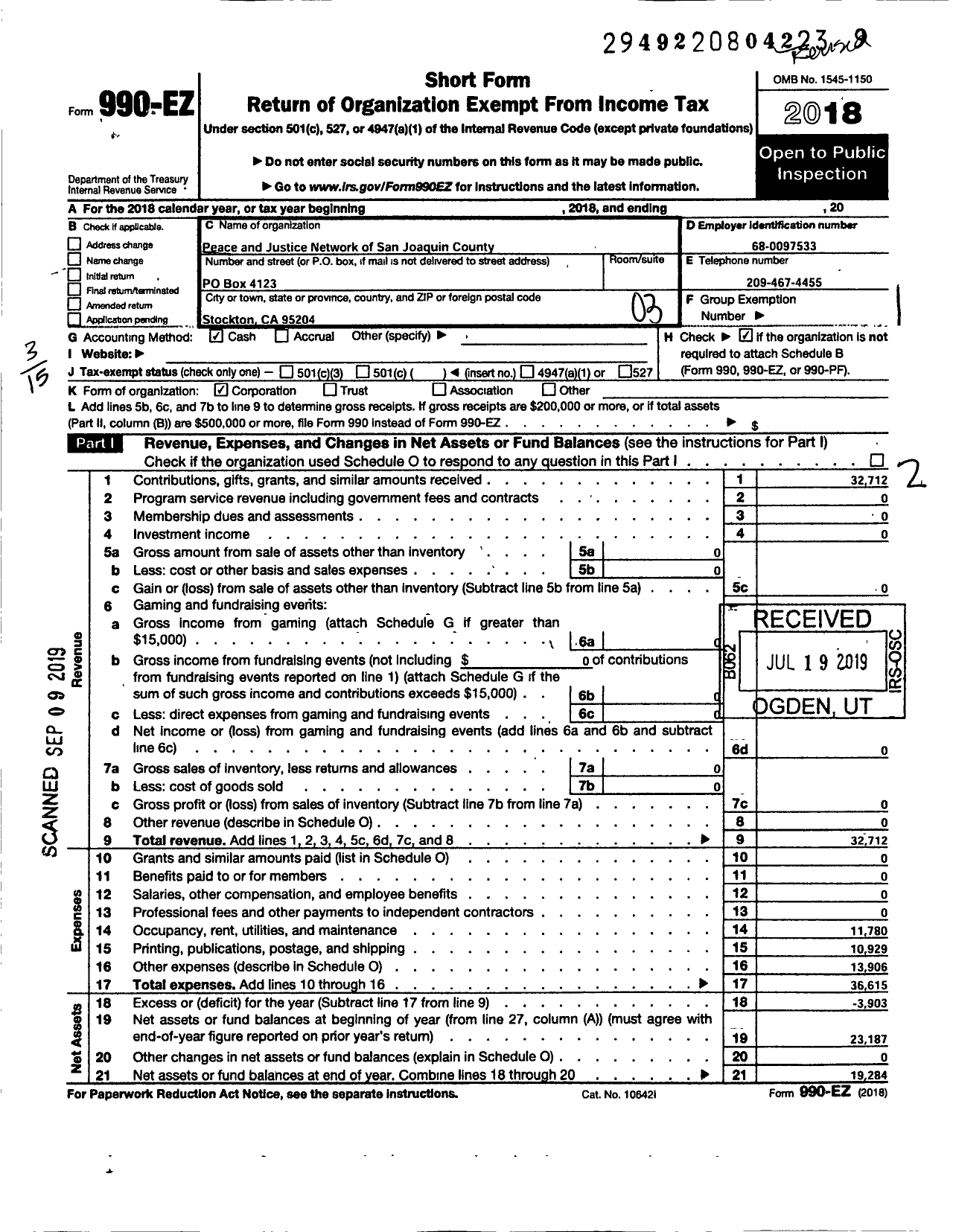 Image of first page of 2018 Form 990EZ for Peace and Justice Network of San Joaquin County