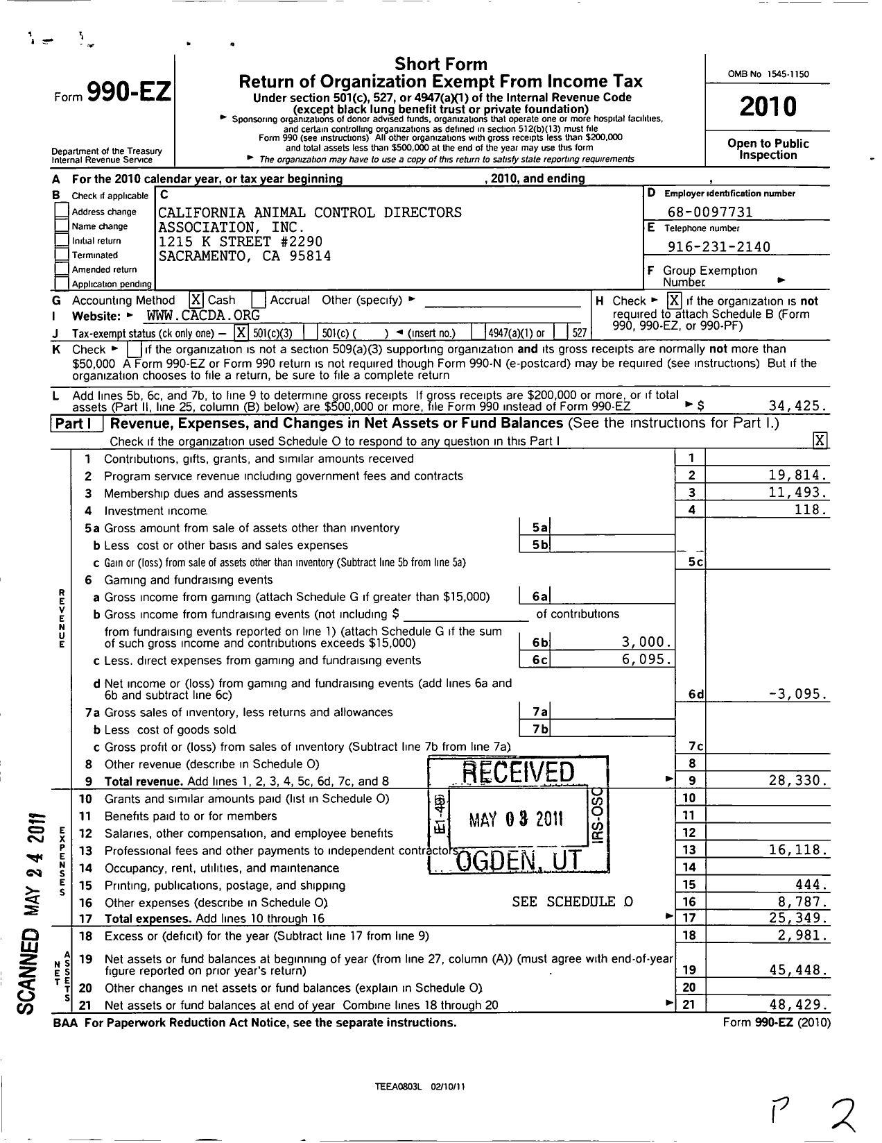 Image of first page of 2010 Form 990EZ for California Animal Control Directors Association