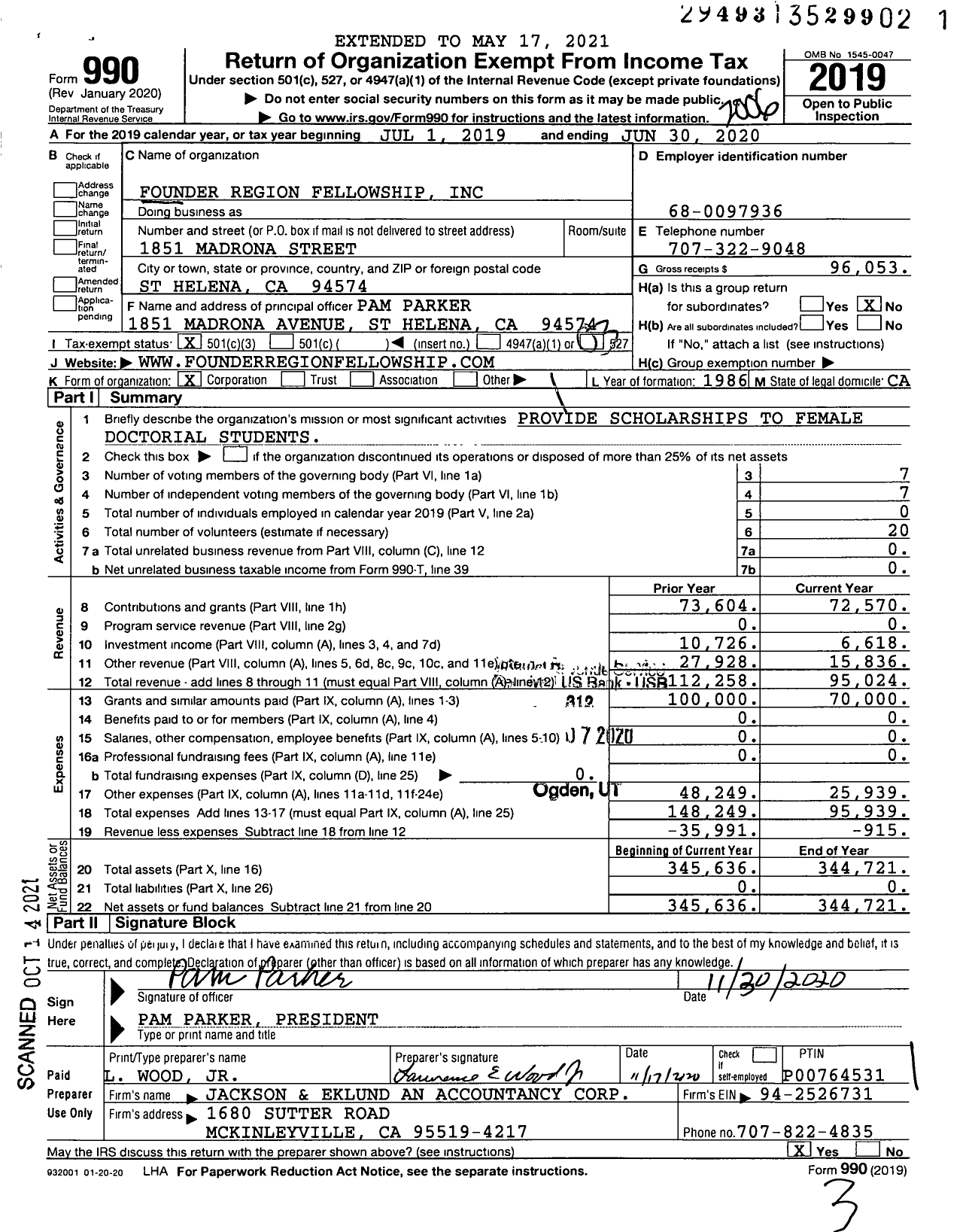 Image of first page of 2019 Form 990 for Founder Region Fellowship