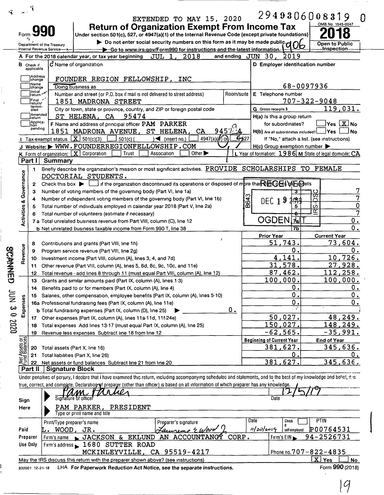 Image of first page of 2018 Form 990 for Founder Region Fellowship