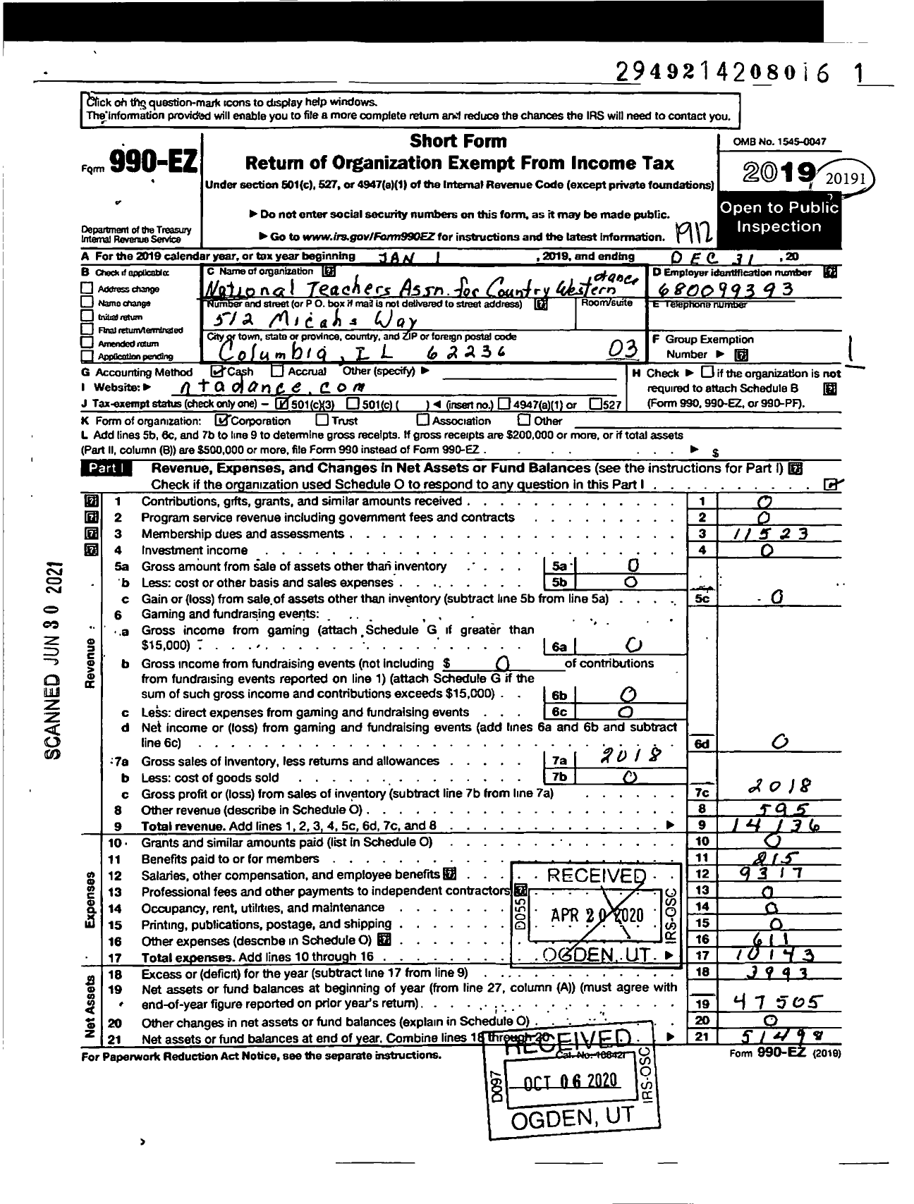 Image of first page of 2019 Form 990EZ for National Teachers Association for Country Western Dance