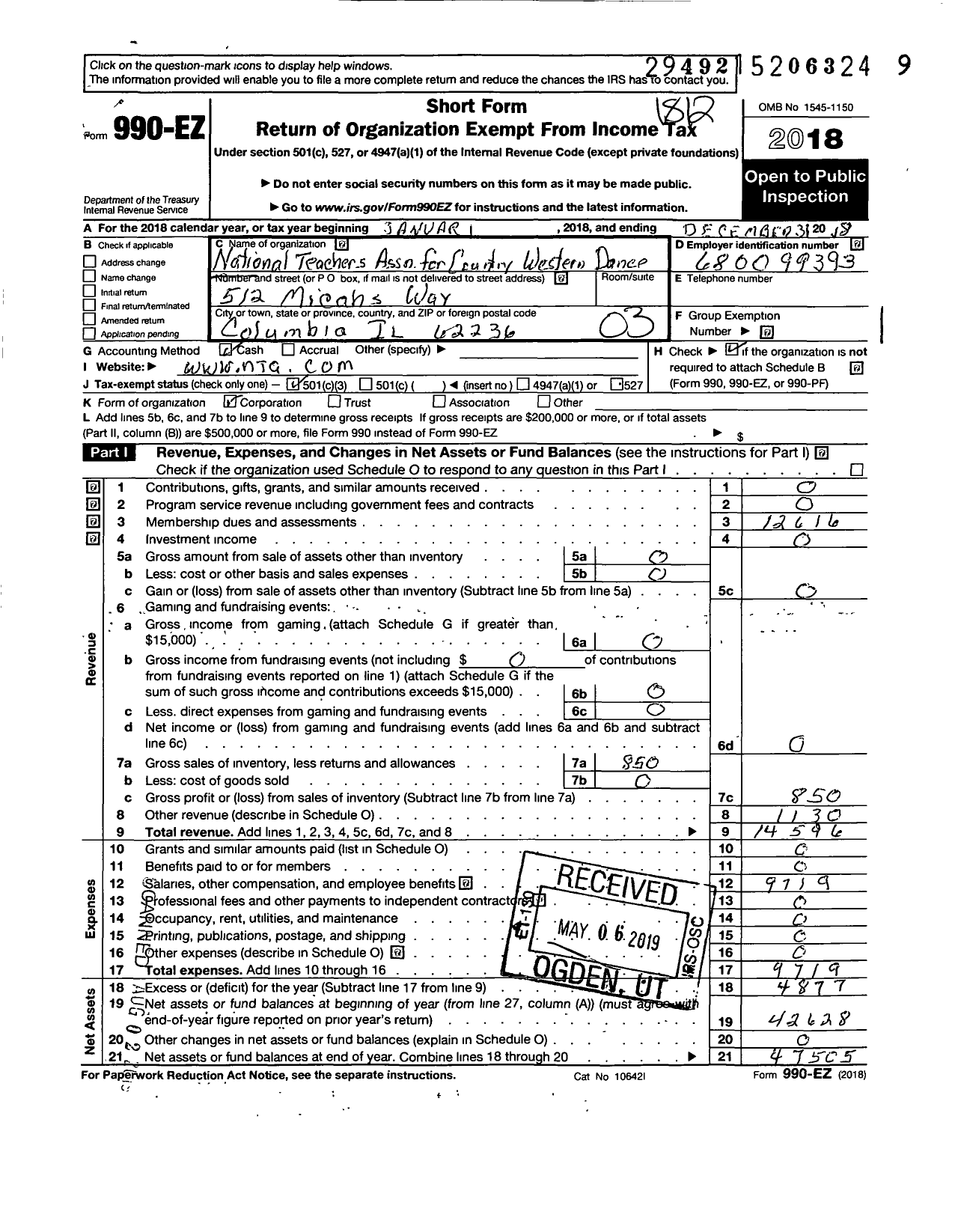 Image of first page of 2018 Form 990EZ for National Teachers Association for Country Western Dance