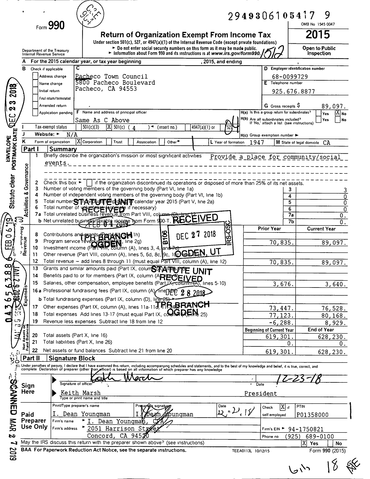 Image of first page of 2015 Form 990O for Pacheco Town Council