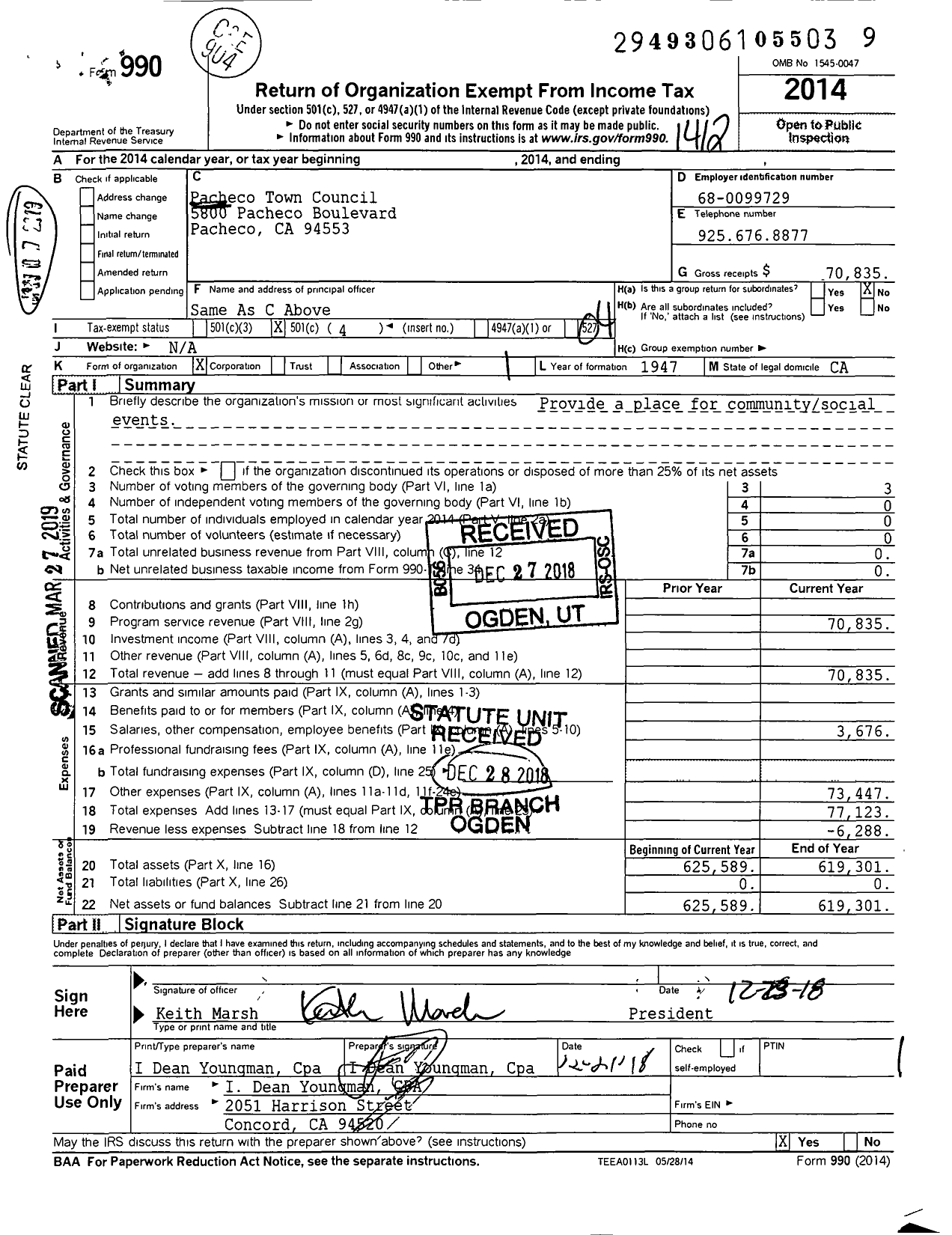 Image of first page of 2014 Form 990O for Pacheco Town Council