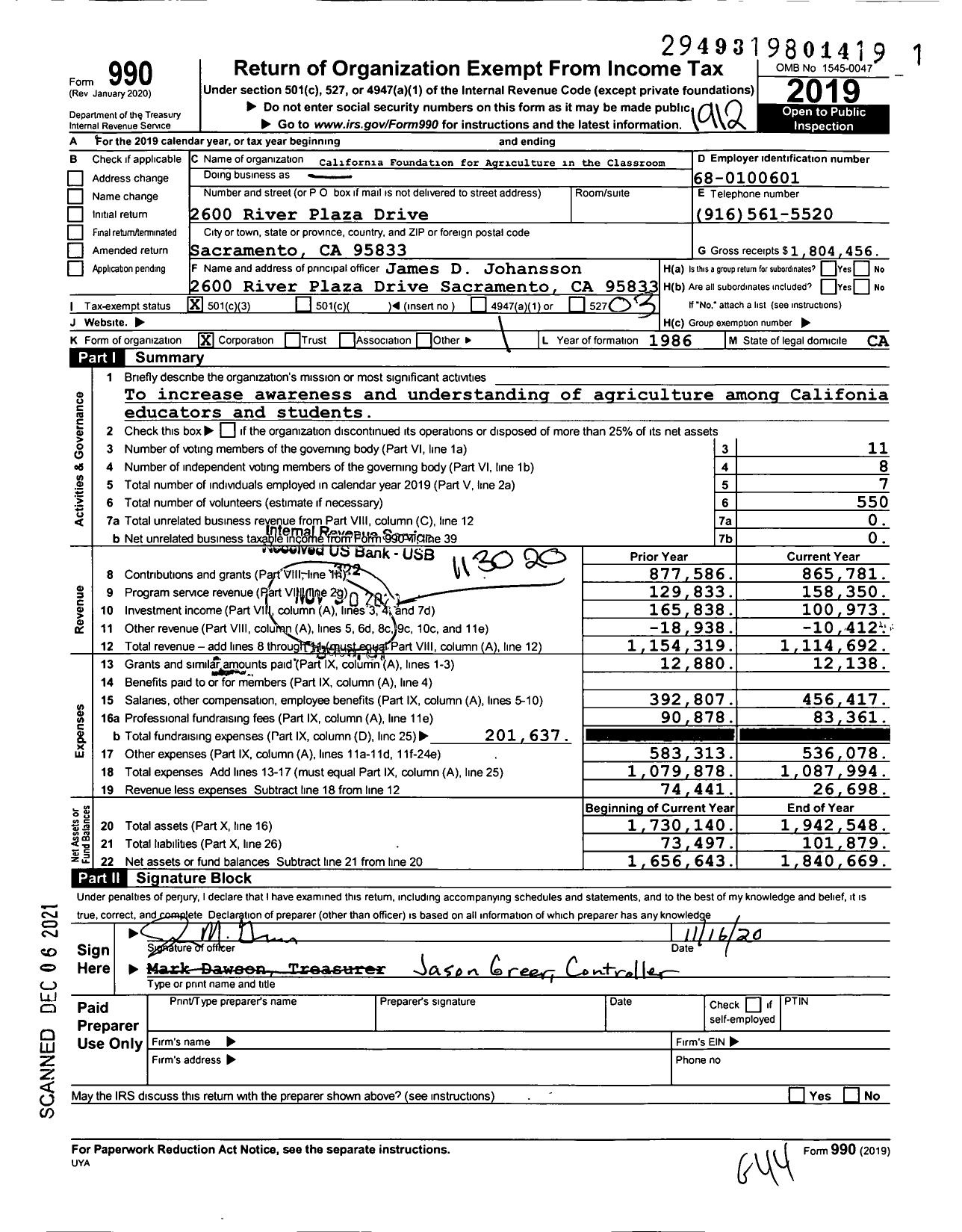 Image of first page of 2019 Form 990 for California Foundation for Agriculture in the Classroom