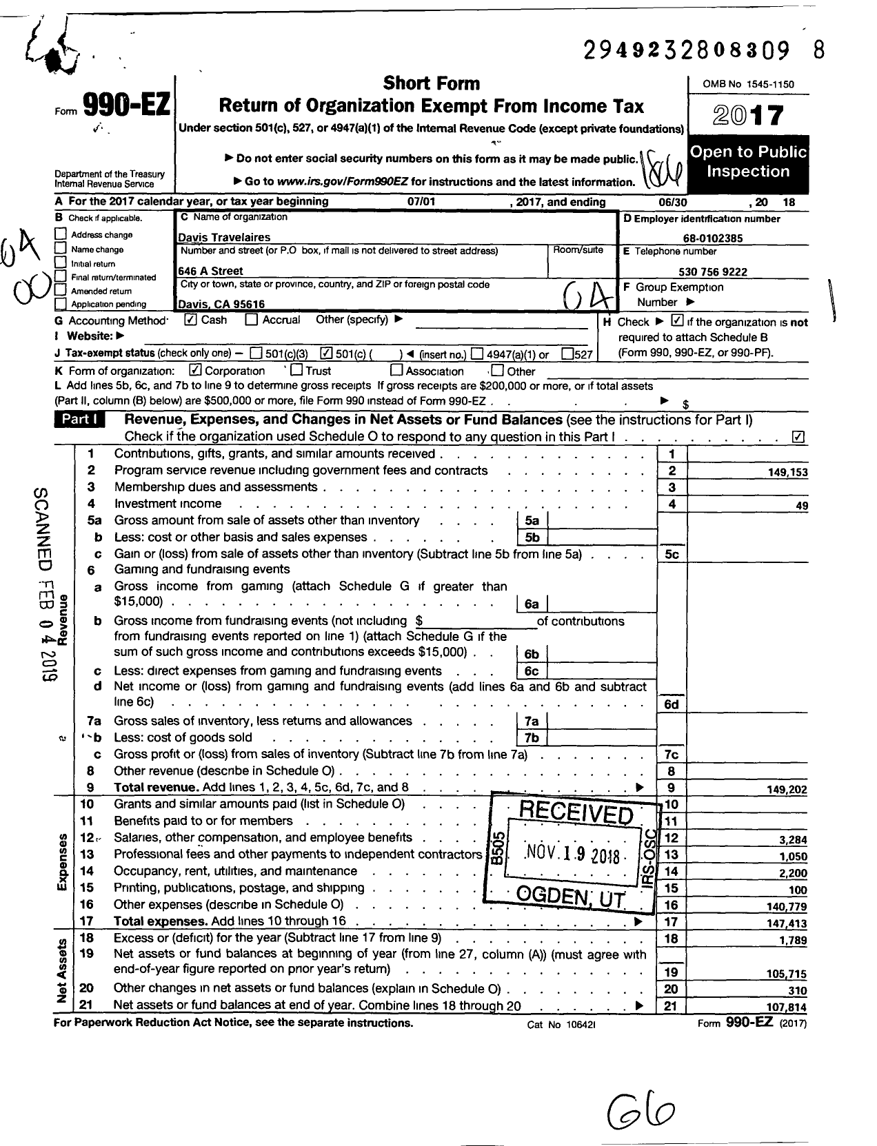 Image of first page of 2017 Form 990EO for Davis Travelaires