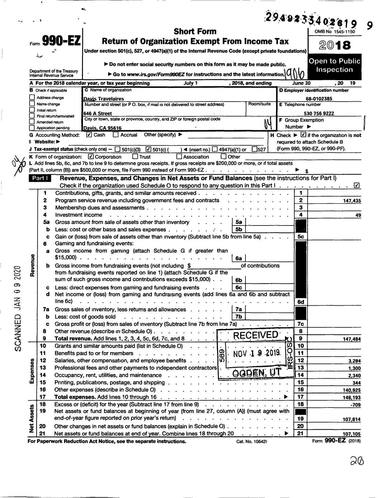 Image of first page of 2018 Form 990EO for Davis Travelaires