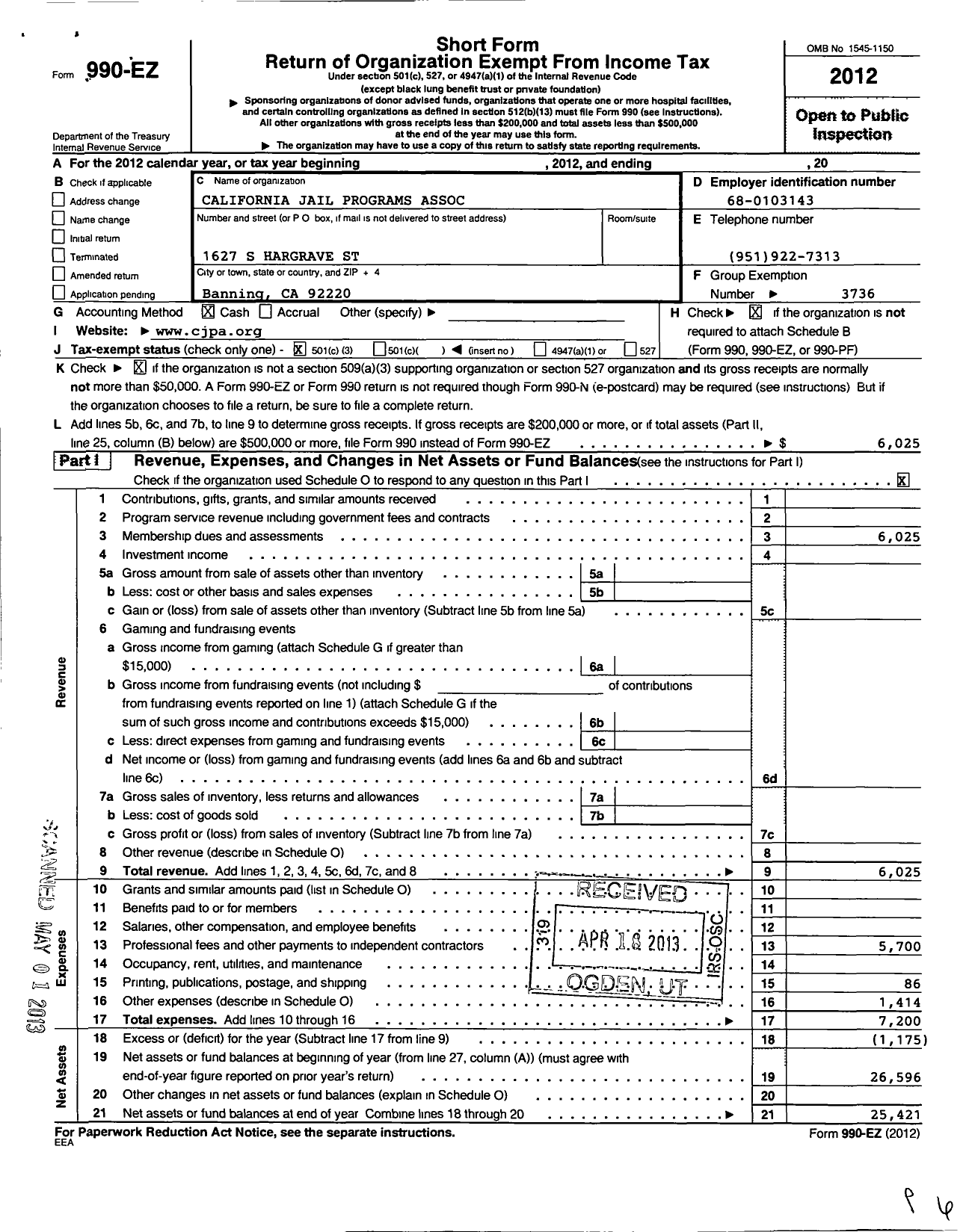 Image of first page of 2012 Form 990EZ for California Jail Programs Association