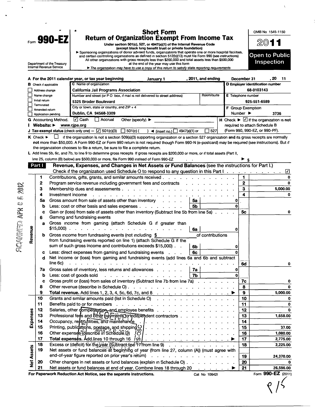 Image of first page of 2011 Form 990EZ for California Jail Programs Association