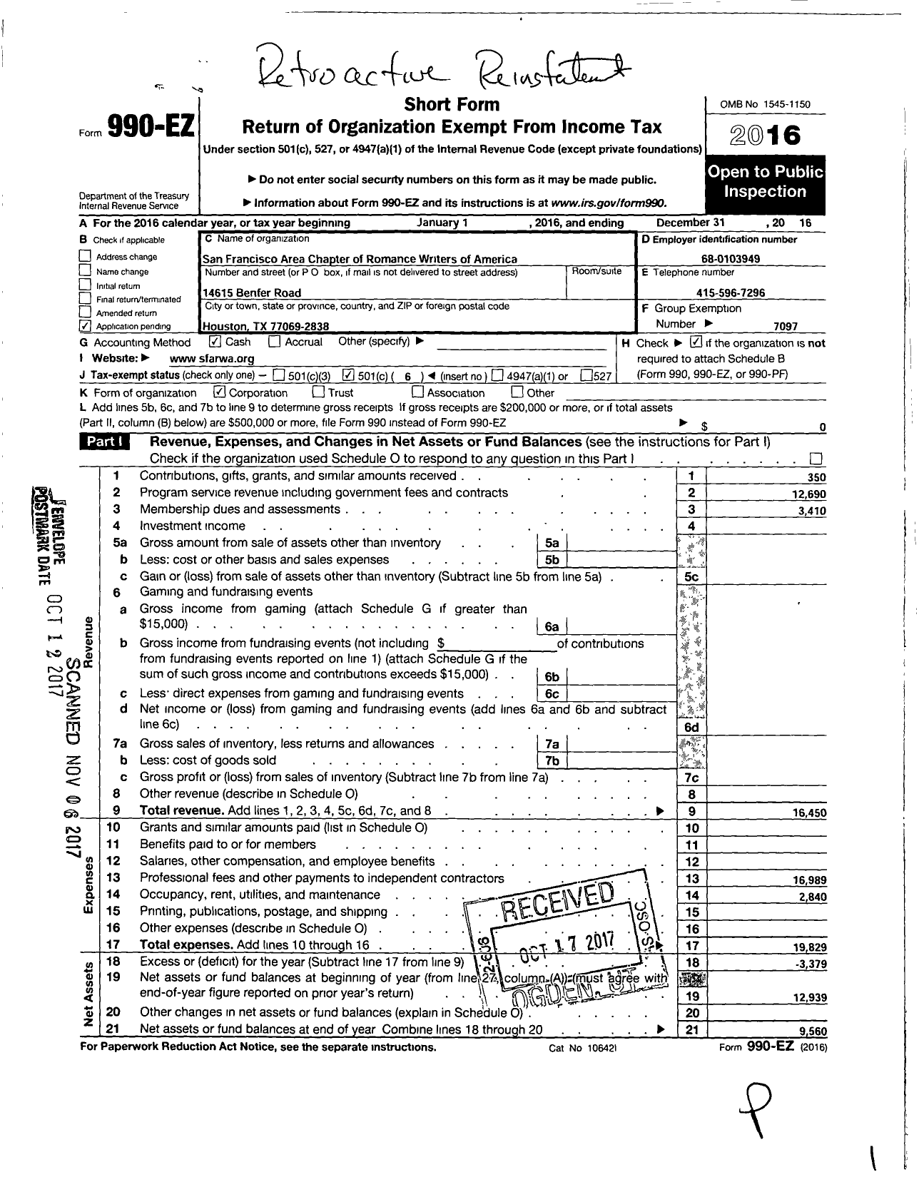 Image of first page of 2016 Form 990EO for San Francisco Area Chapter of Romance Writers of America