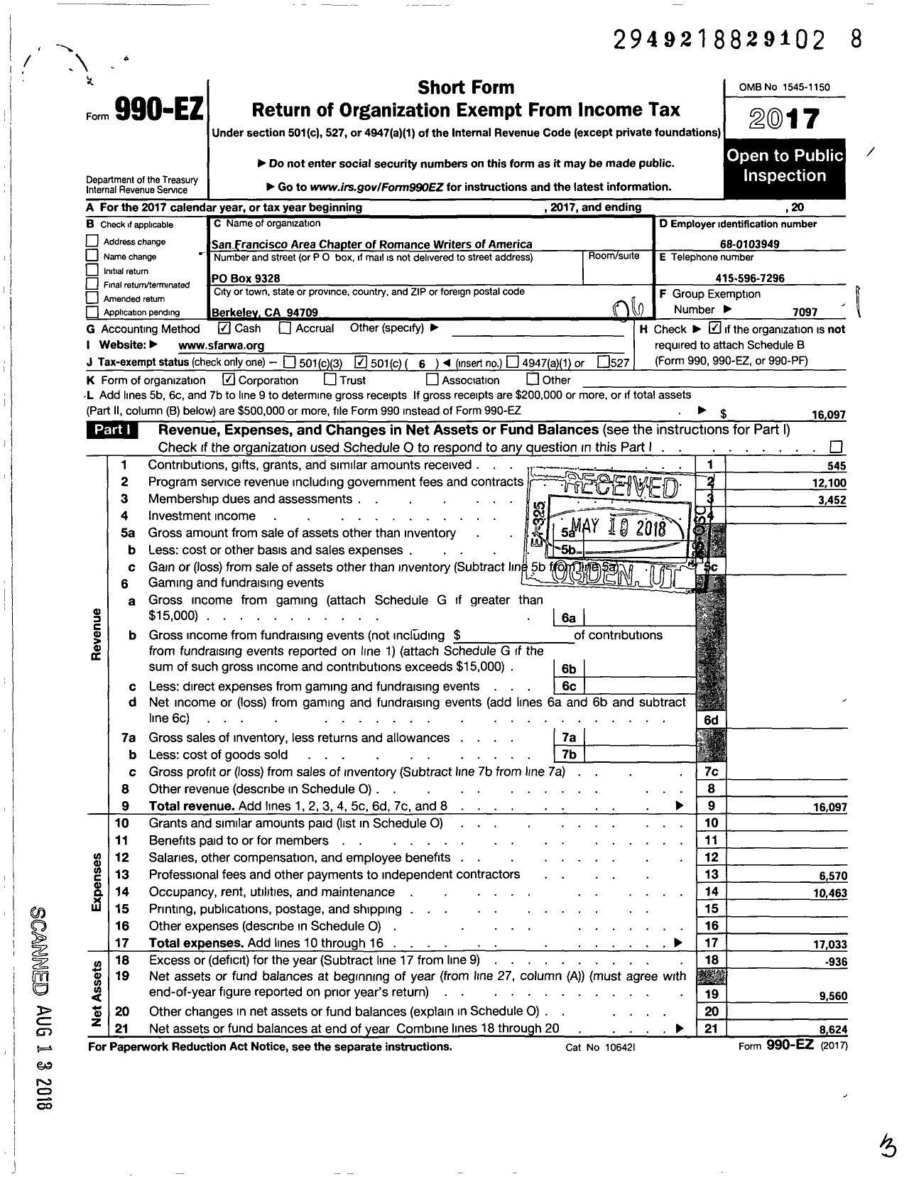 Image of first page of 2017 Form 990EO for San Francisco Area Chapter of Romance Writers of America