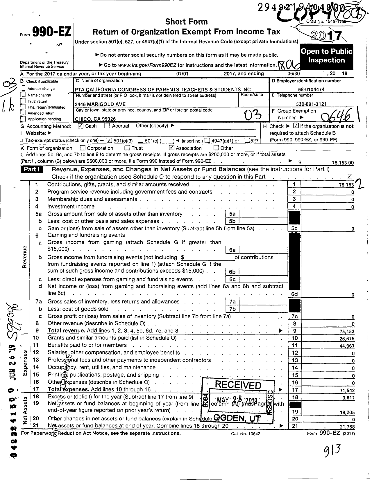 Image of first page of 2017 Form 990EZ for California State PTA - 3610 Marigold Elementary PTA