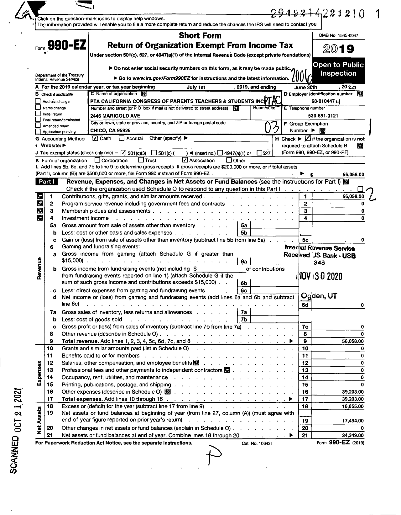 Image of first page of 2019 Form 990EZ for California State PTA - 3610 Marigold Elementary PTA