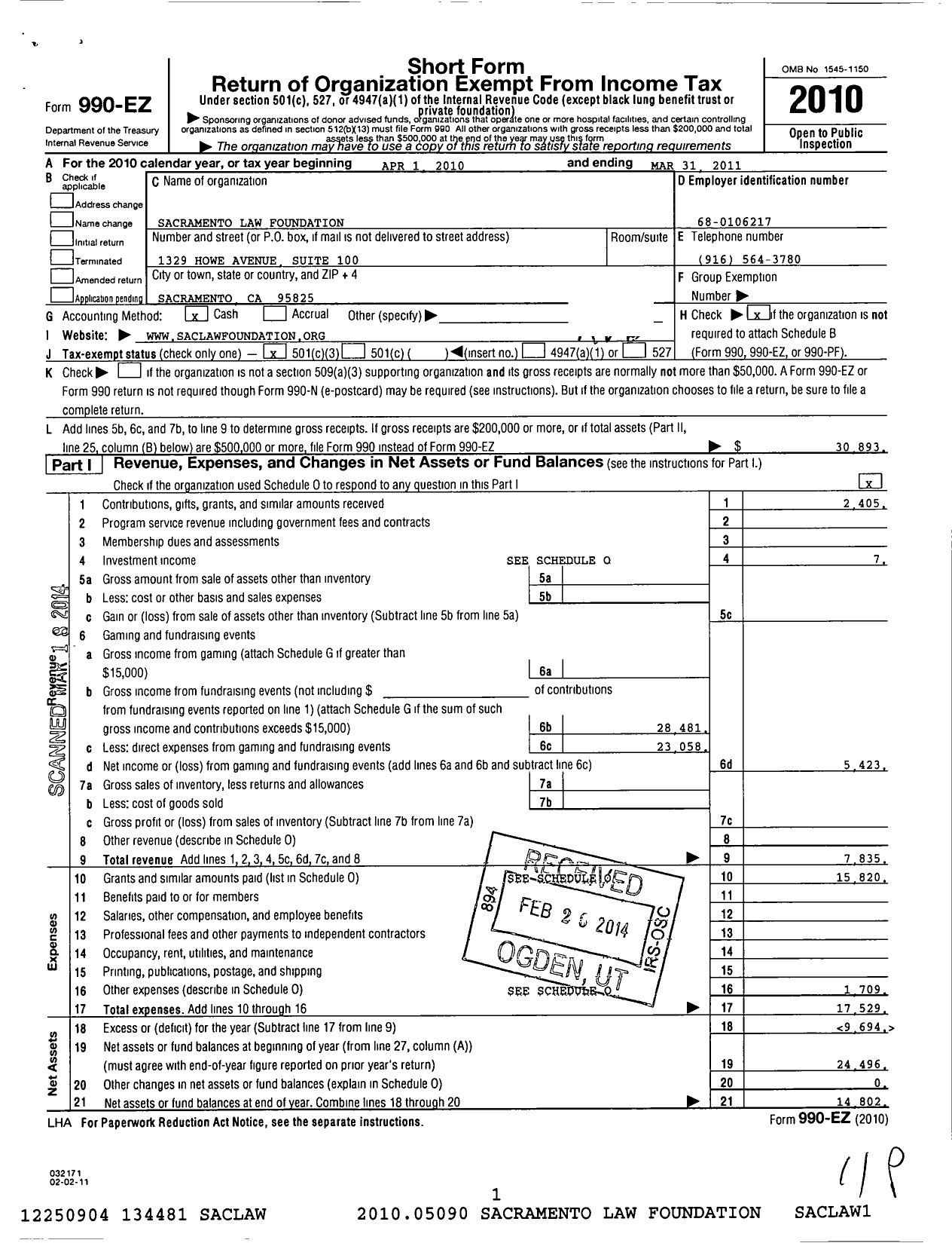 Image of first page of 2010 Form 990EZ for Sacramento Law Foundation