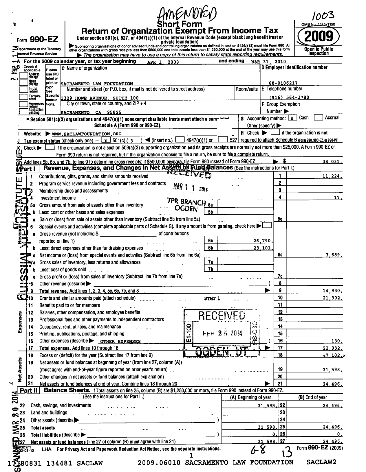 Image of first page of 2009 Form 990EZ for Sacramento Law Foundation