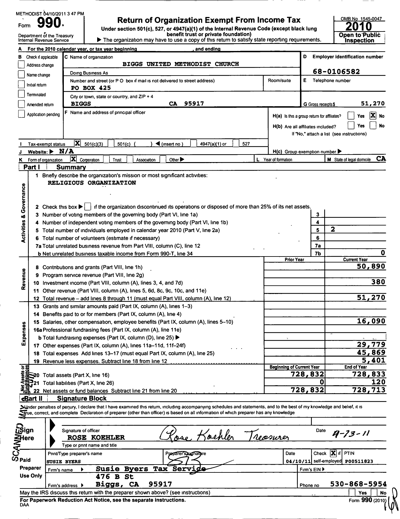 Image of first page of 2010 Form 990 for Biggs United Methodist Church