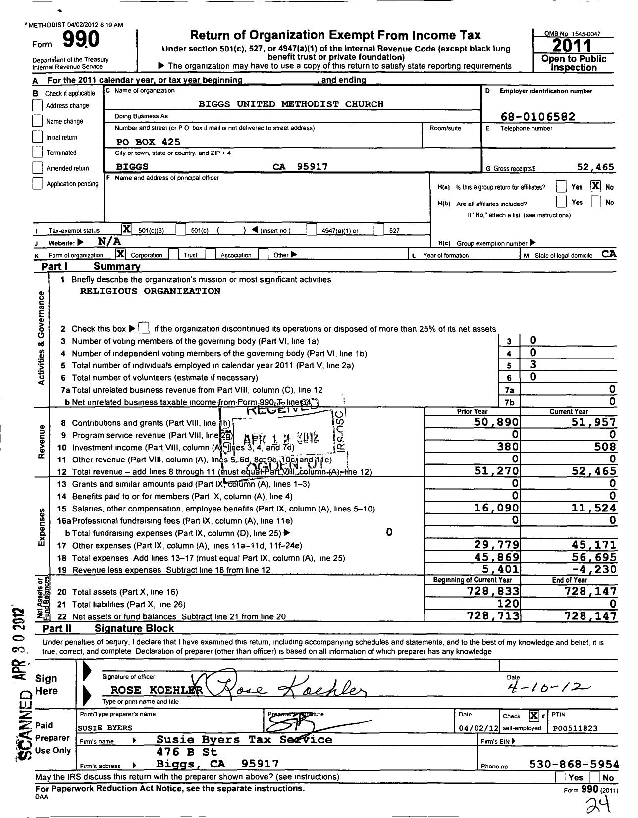 Image of first page of 2011 Form 990 for Biggs United Methodist Church