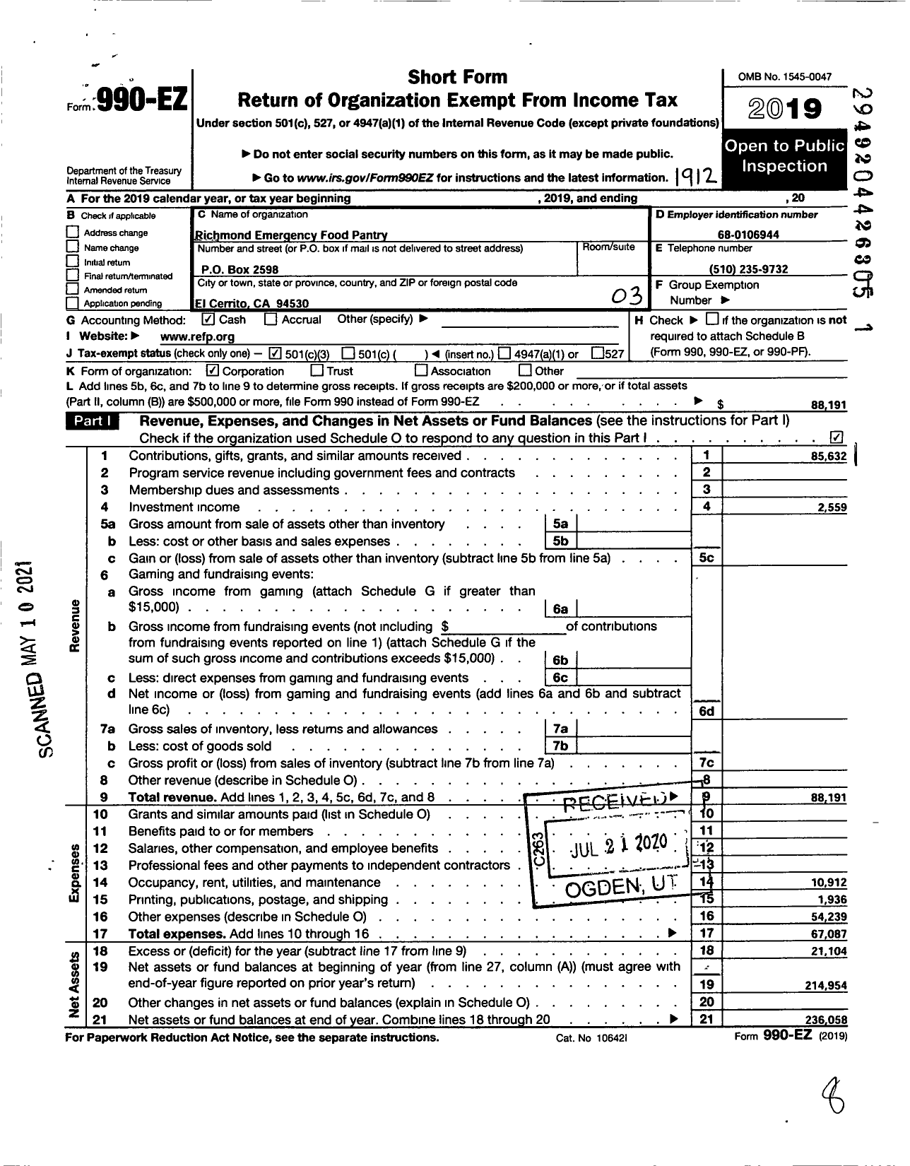 Image of first page of 2019 Form 990EZ for Richmond Emergency Food Pantry