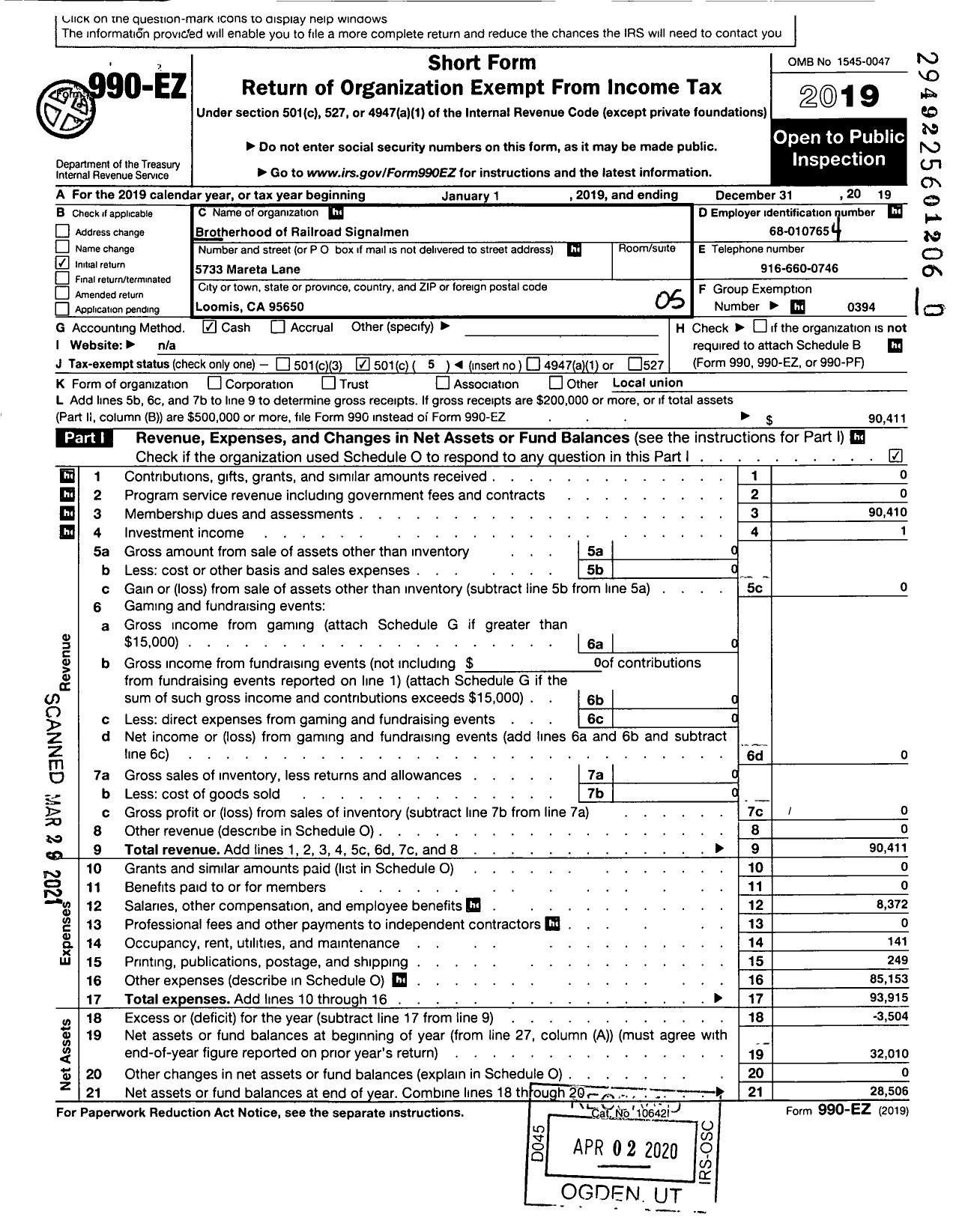 Image of first page of 2019 Form 990EO for BROTHERHOOD OF RAILROAD SIGNALMEN - 229 Feather River Local