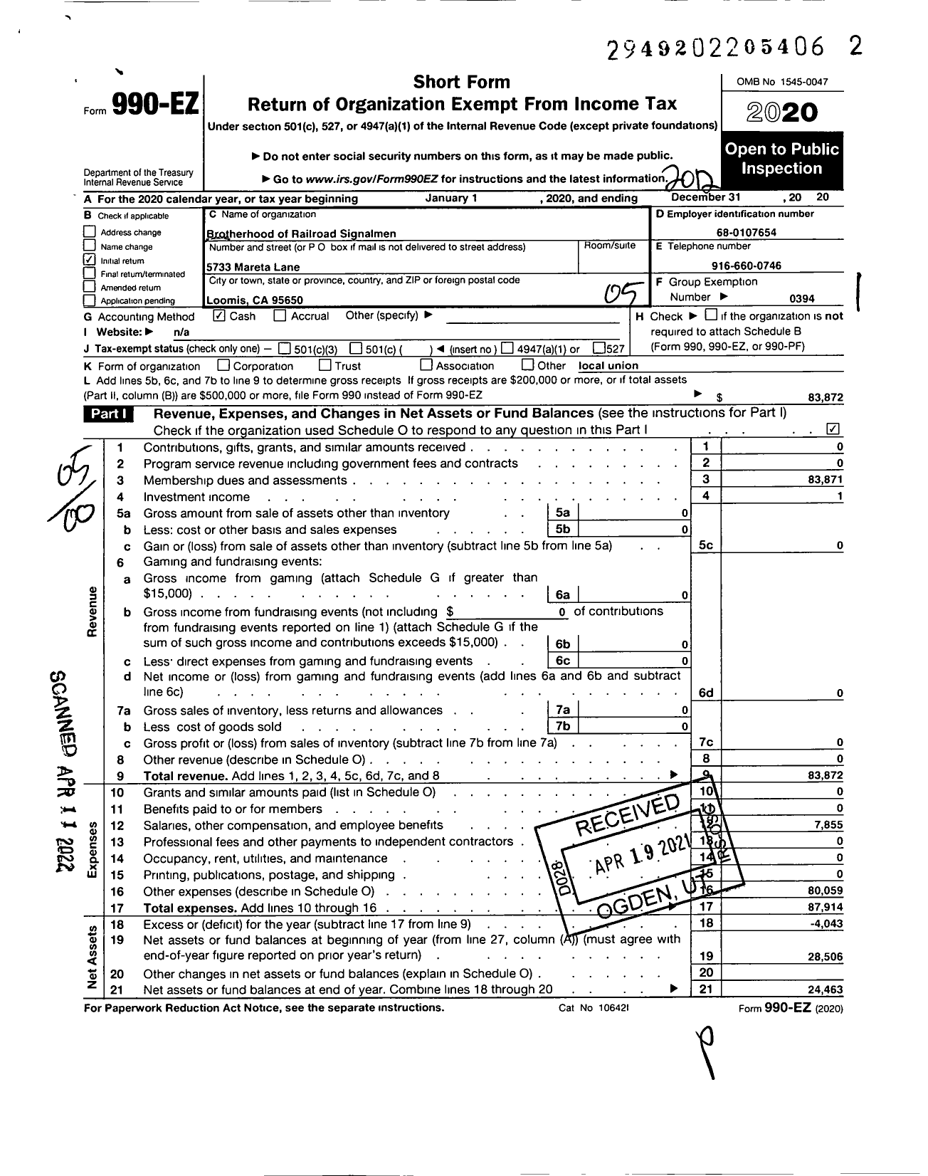 Image of first page of 2020 Form 990EO for BROTHERHOOD OF RAILROAD SIGNALMEN - 229 Feather River Local