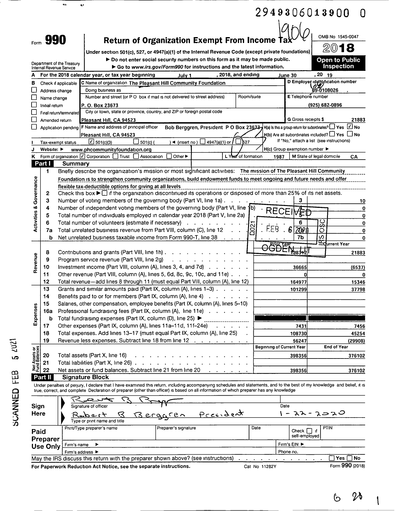 Image of first page of 2018 Form 990 for The Pleasant Hill Community Foundation