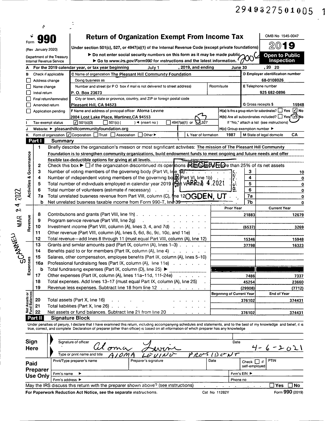 Image of first page of 2019 Form 990 for The Pleasant Hill Community Foundation