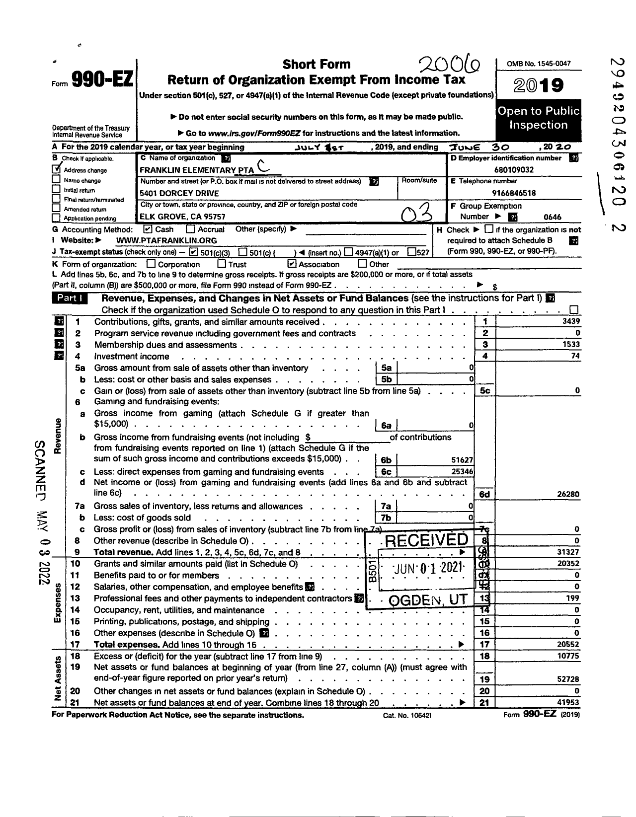 Image of first page of 2019 Form 990EZ for California State PTA - 3626 Franklin Elementary PTA