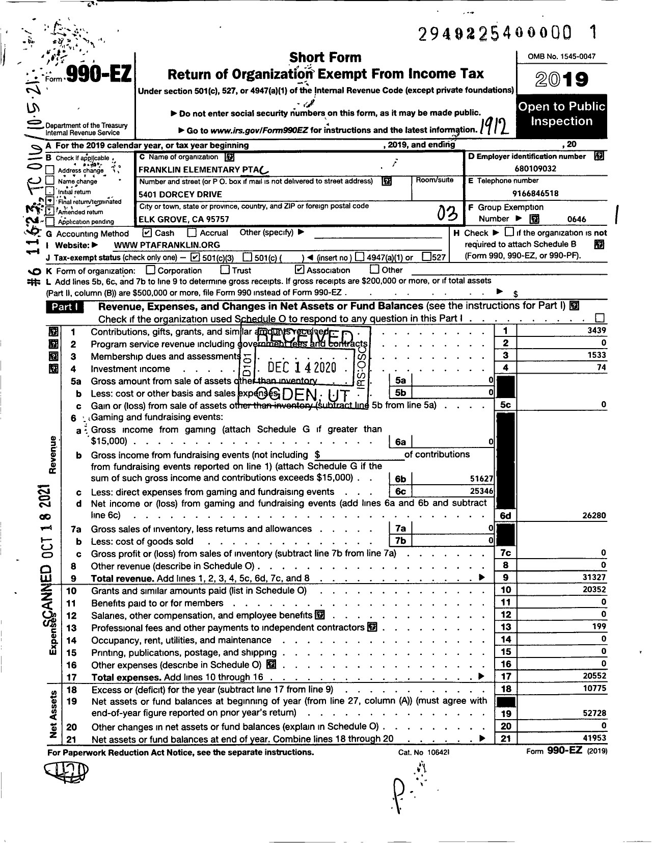 Image of first page of 2019 Form 990EZ for California State PTA - 3626 Franklin Elementary PTA