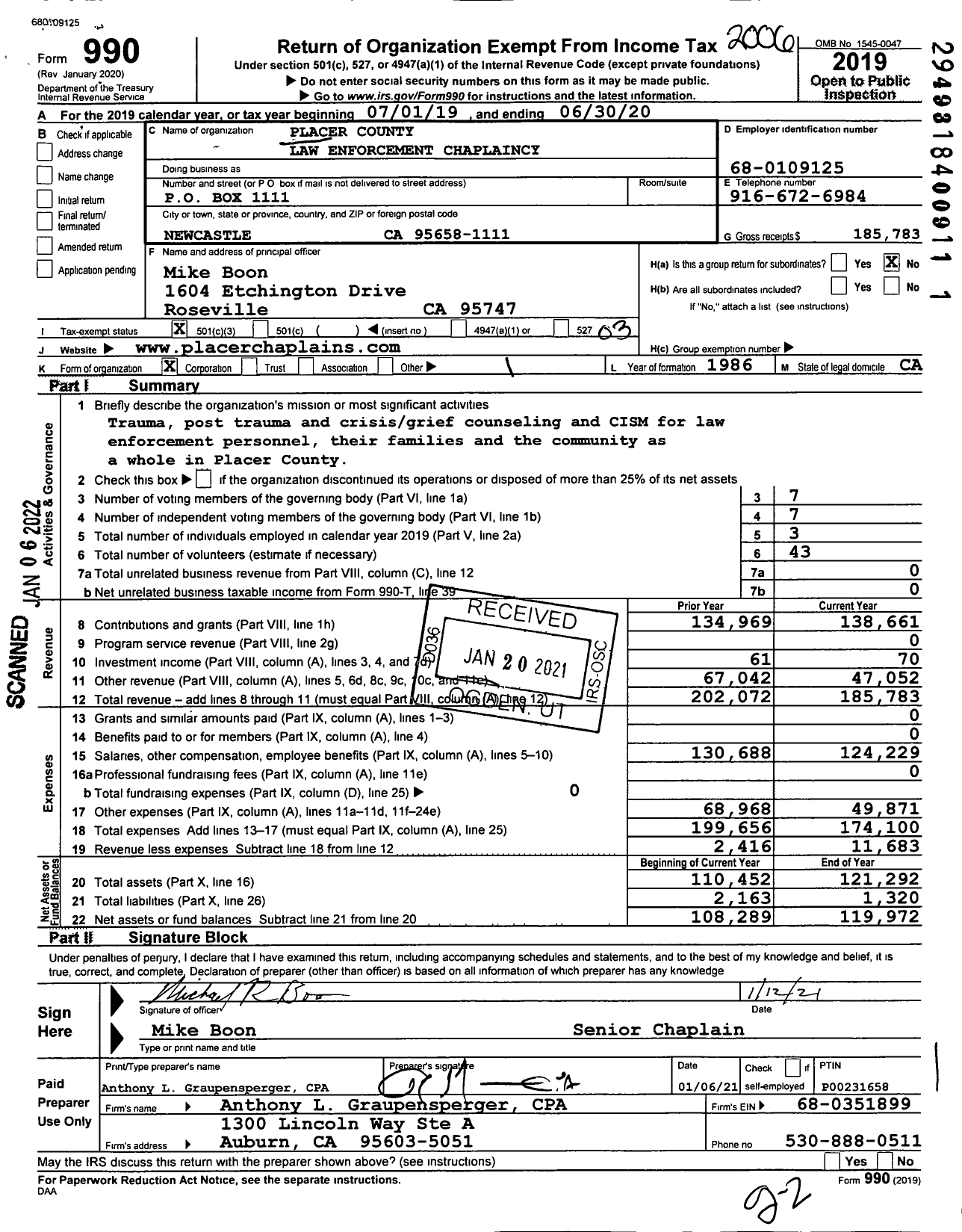 Image of first page of 2019 Form 990 for Placer County Law Enforcement Chaplaincy