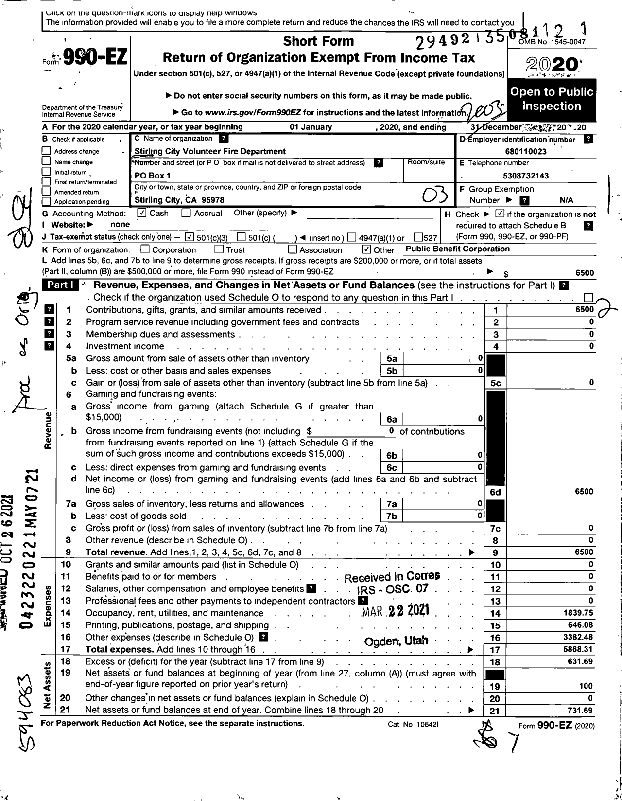 Image of first page of 2019 Form 990EZ for Stirling City Volunteer Fire Dept