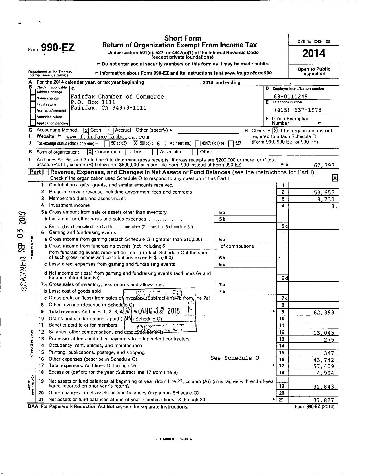 Image of first page of 2014 Form 990EO for Fairfax Chamber of Commerce