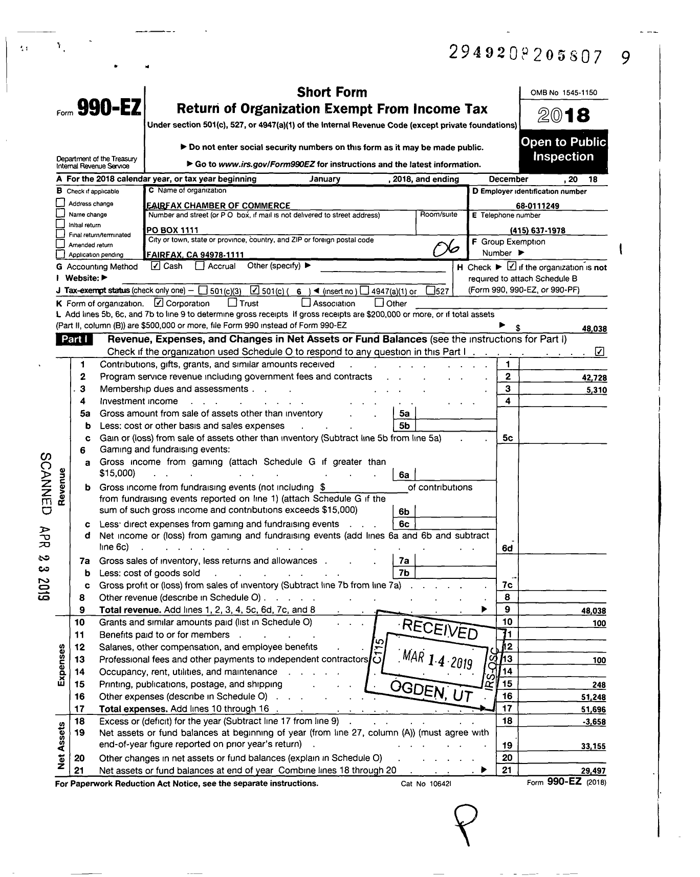 Image of first page of 2018 Form 990EO for Fairfax Chamber of Commerce