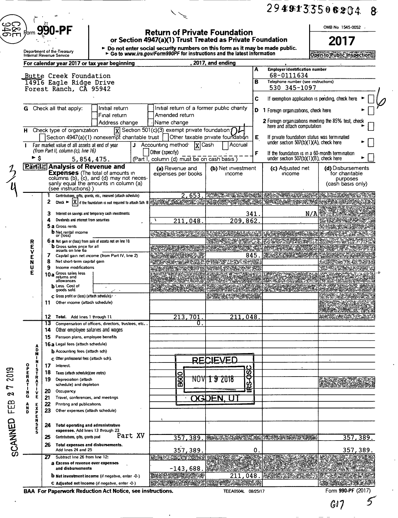 Image of first page of 2017 Form 990PF for Butte Creek Foundation