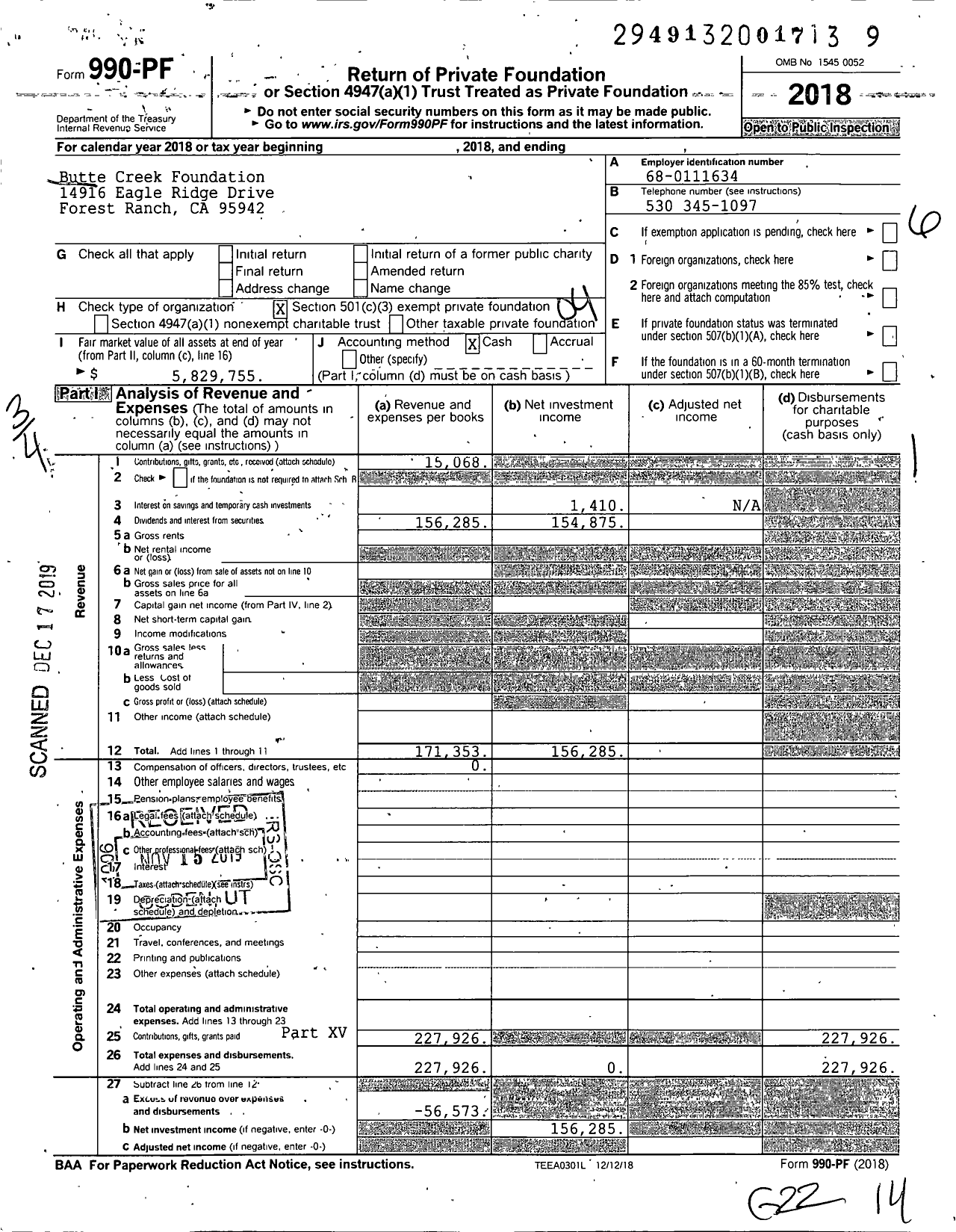 Image of first page of 2018 Form 990PF for Butte Creek Foundation