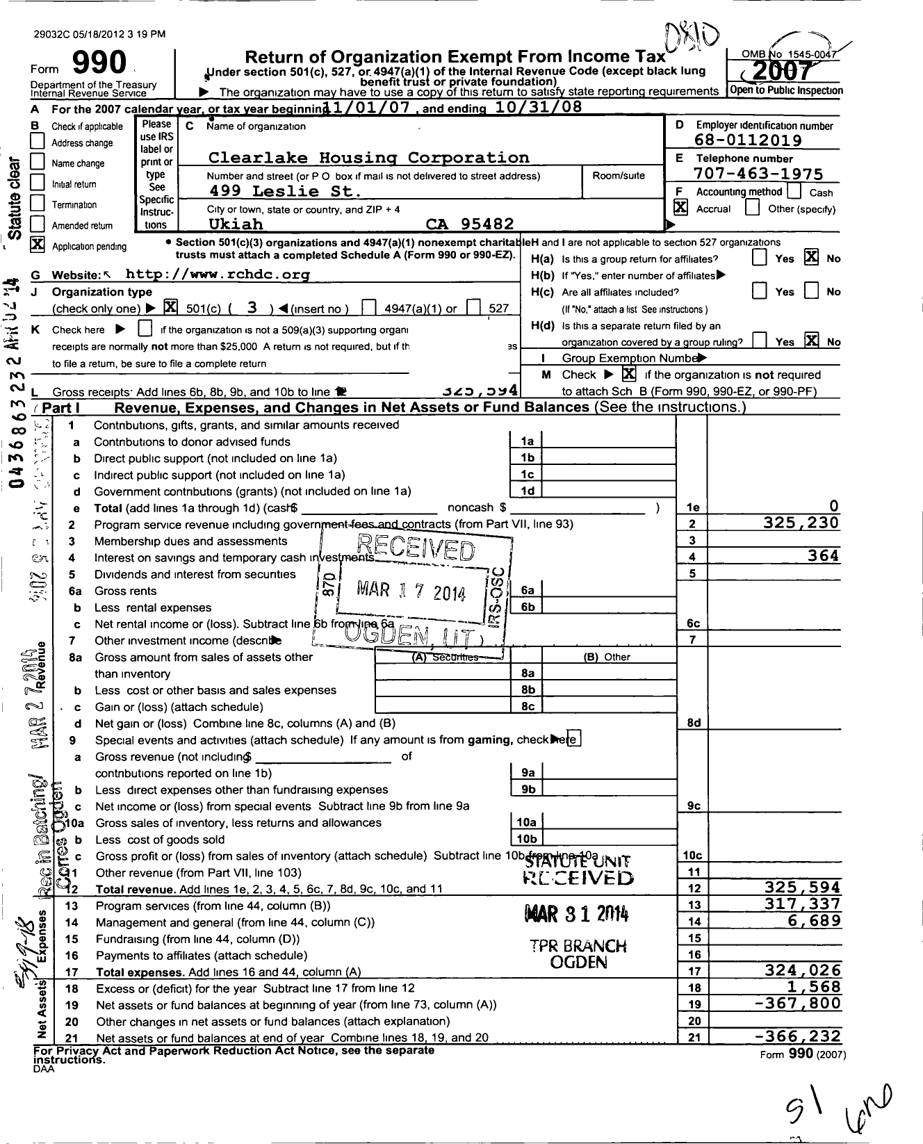 Image of first page of 2007 Form 990 for Rural Community Housing Development Corporation / Clearlake Housing Corporation