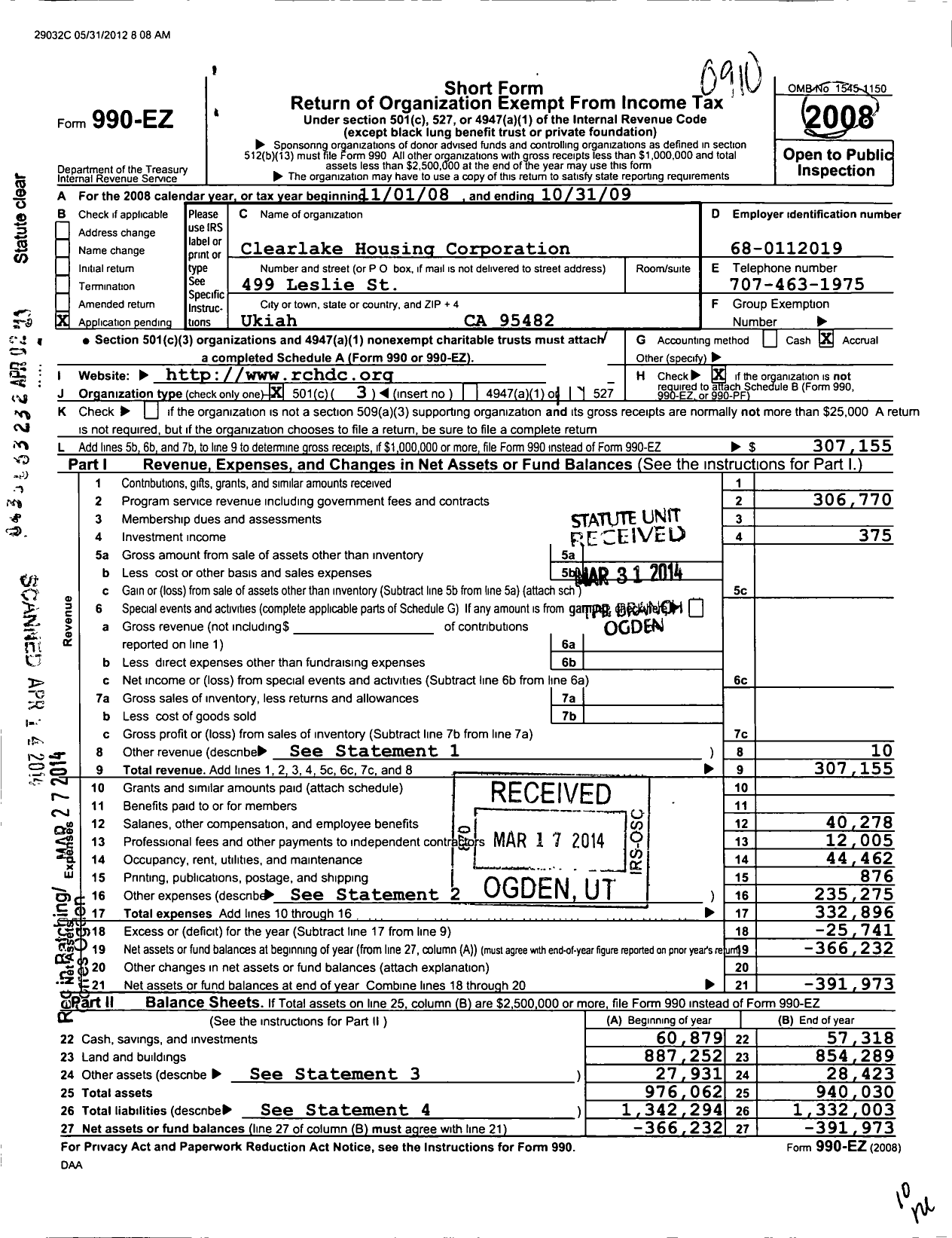 Image of first page of 2008 Form 990EZ for Rural Community Housing Development Corporation / Clearlake Housing Corporation