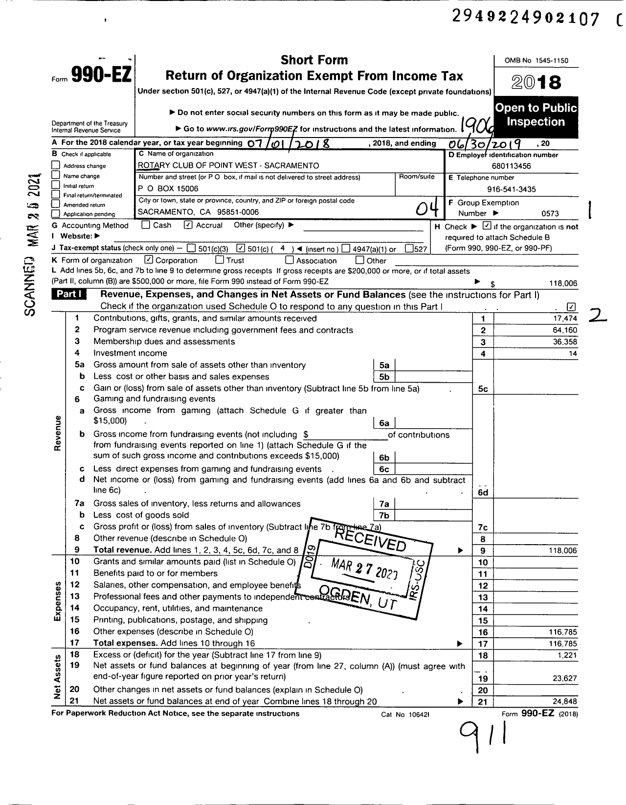 Image of first page of 2018 Form 990EO for ROTARY INTERNATIONAL - Point West Sacramento California