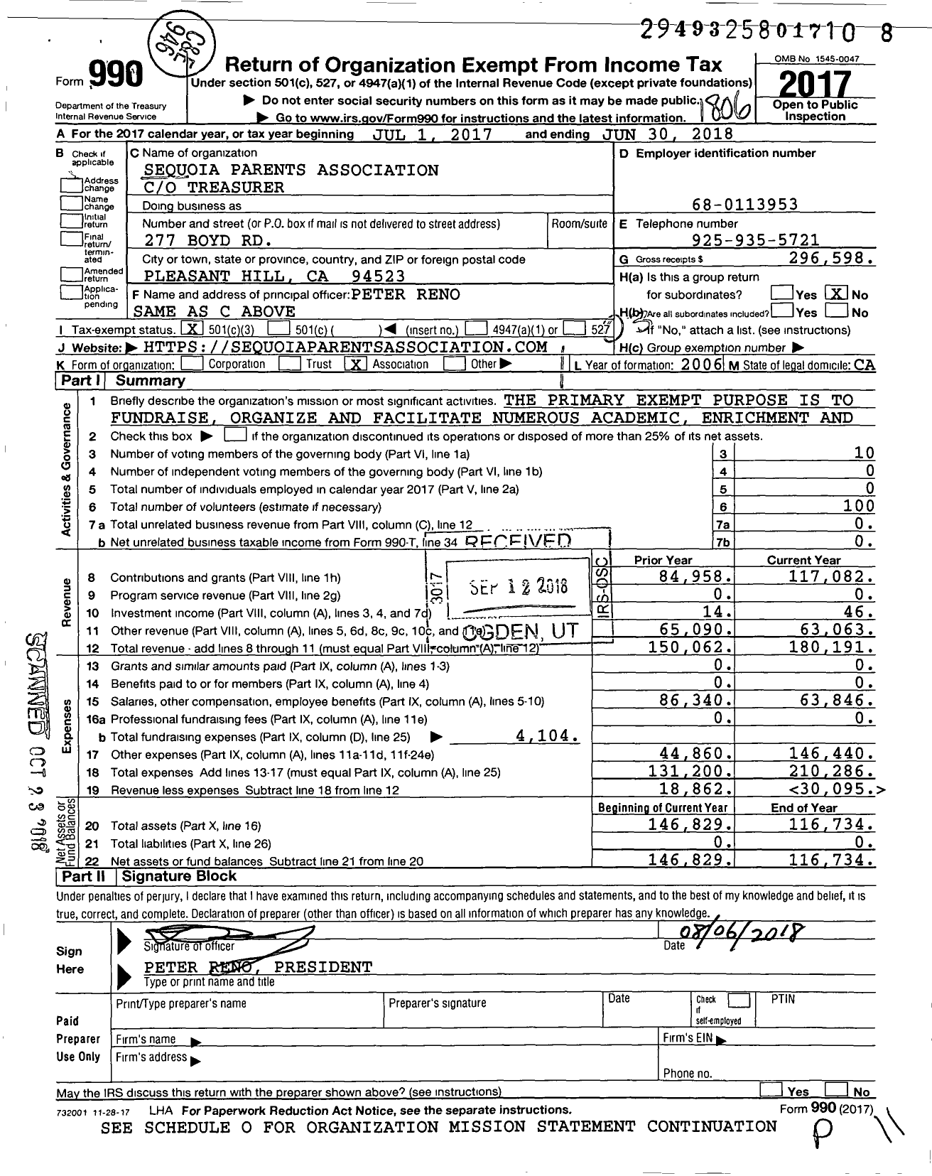 Image of first page of 2017 Form 990 for Sequoia Parents Association