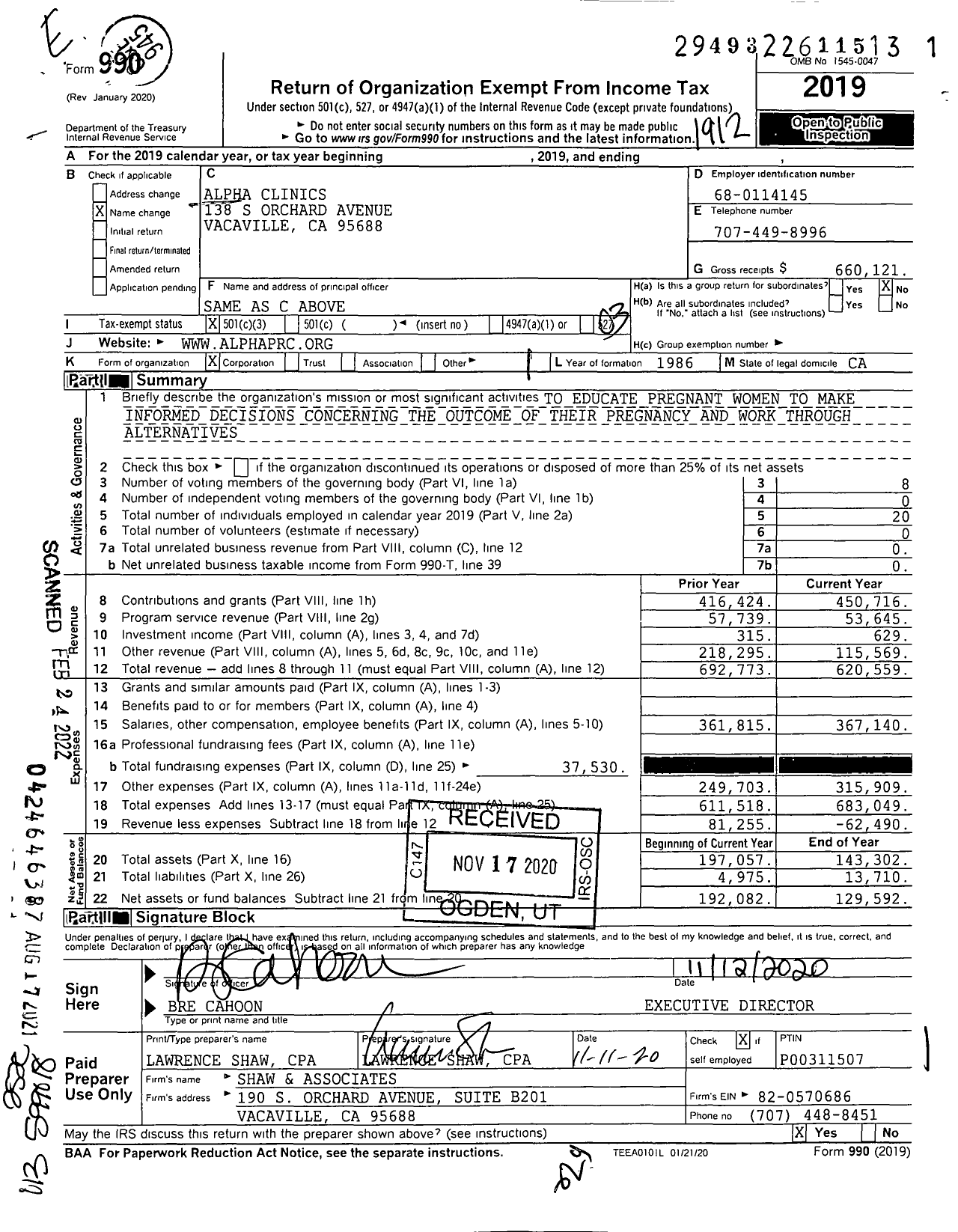 Image of first page of 2019 Form 990 for Alpha Clinics