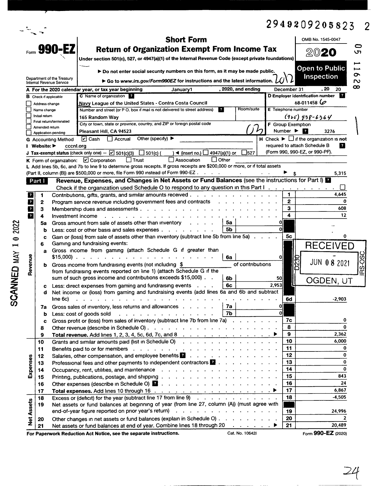 Image of first page of 2020 Form 990EZ for Navy League of the United States / Contra Costa Council