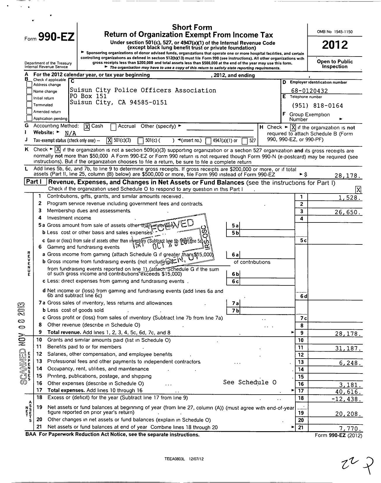 Image of first page of 2012 Form 990EZ for Suisun City Police Officers Association