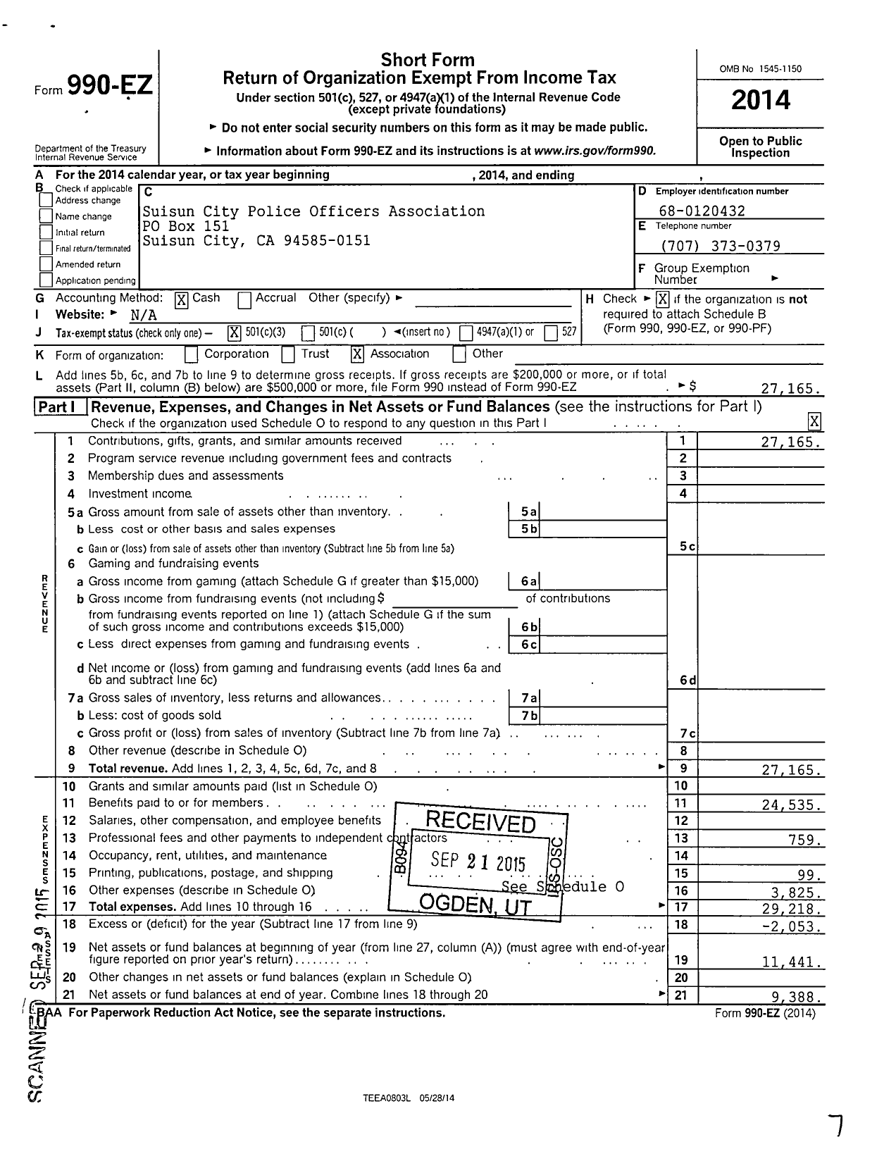 Image of first page of 2014 Form 990EZ for Suisun City Police Officers Association