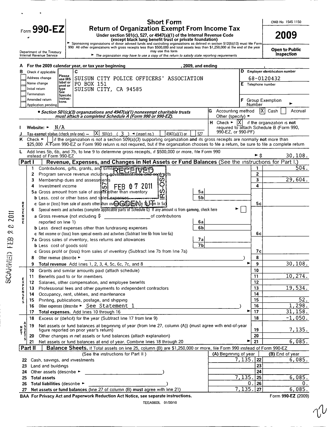 Image of first page of 2009 Form 990EZ for Suisun City Police Officers Association