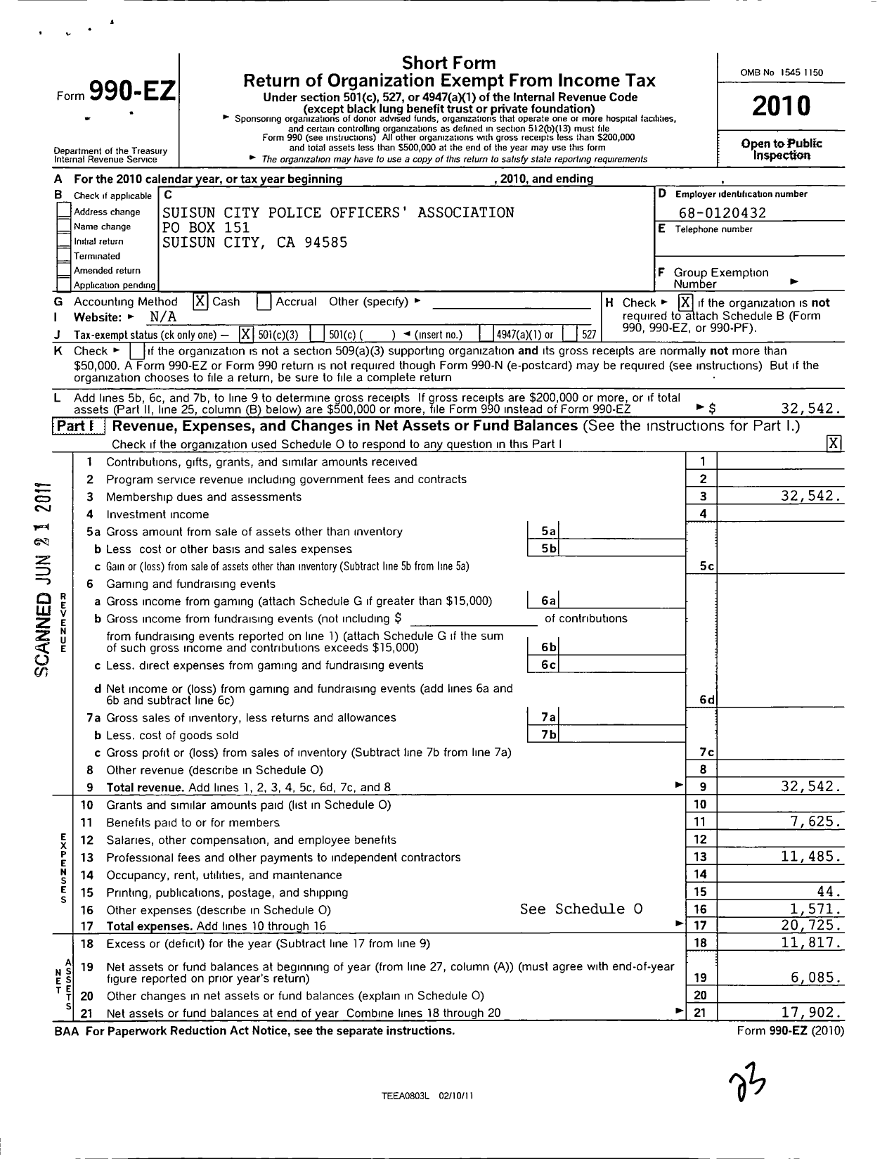 Image of first page of 2010 Form 990EZ for Suisun City Police Officers Association