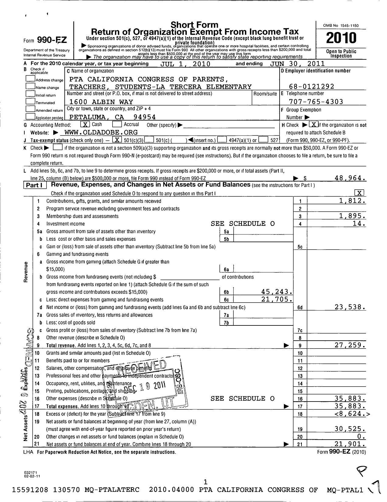 Image of first page of 2010 Form 990EZ for California State PTA - La Tercera Elementary Boosters PTA