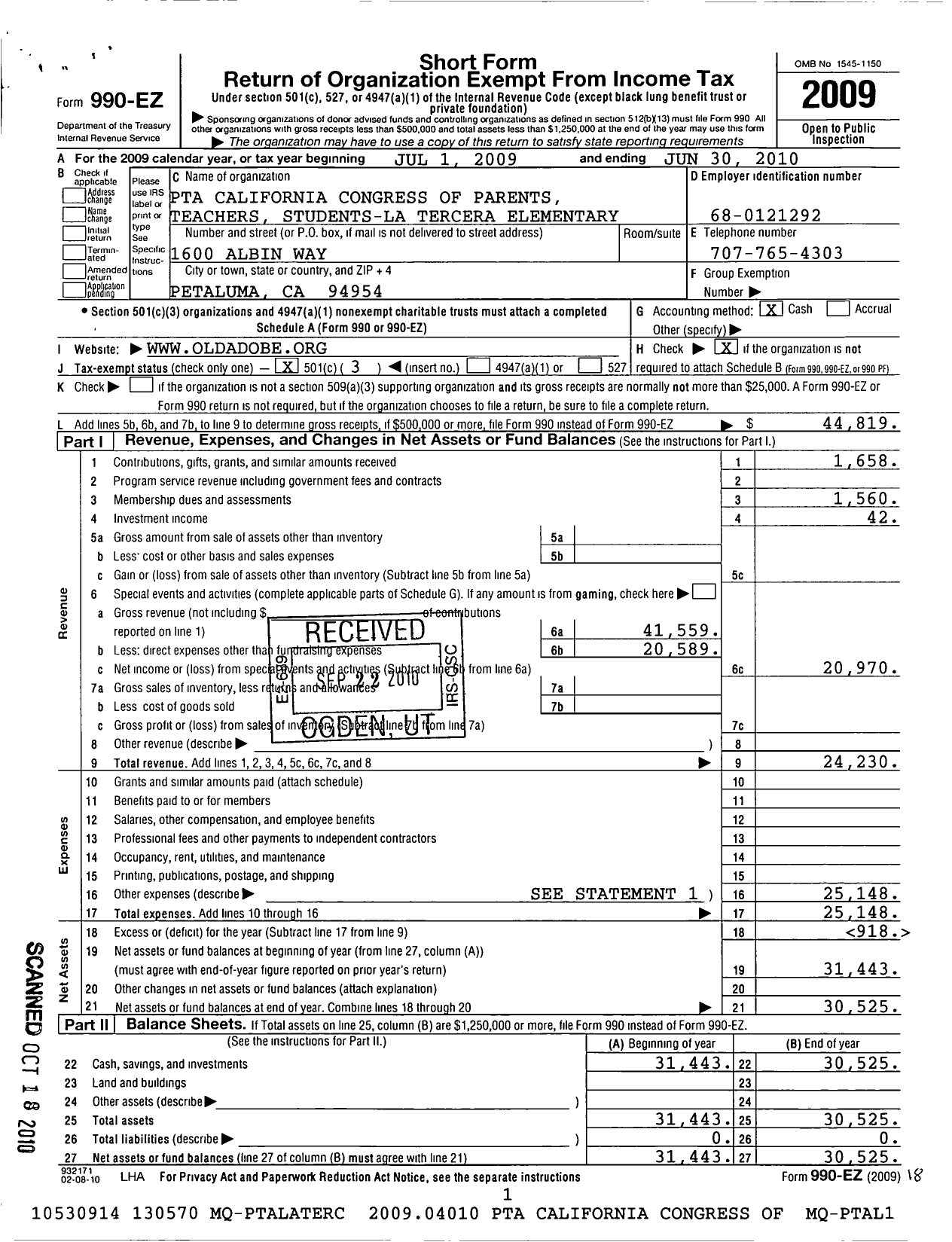 Image of first page of 2009 Form 990EZ for California State PTA - La Tercera Elementary Boosters PTA