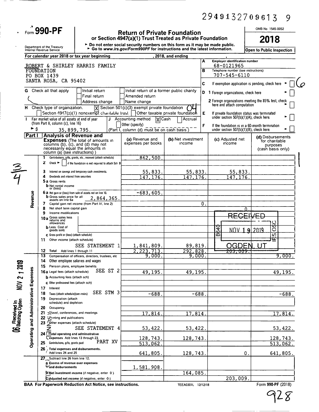 Image of first page of 2018 Form 990PF for Robert & Shirley Harris Family Foundation