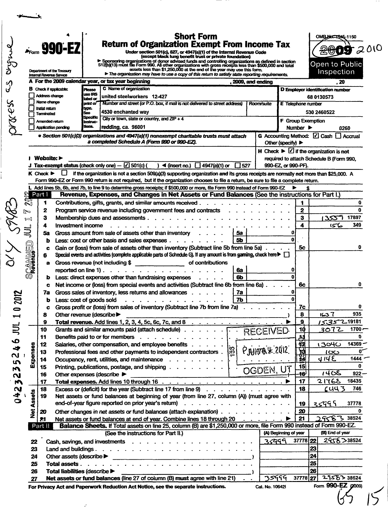 Image of first page of 2010 Form 990EO for United Steelworkers - 12-00427 Local