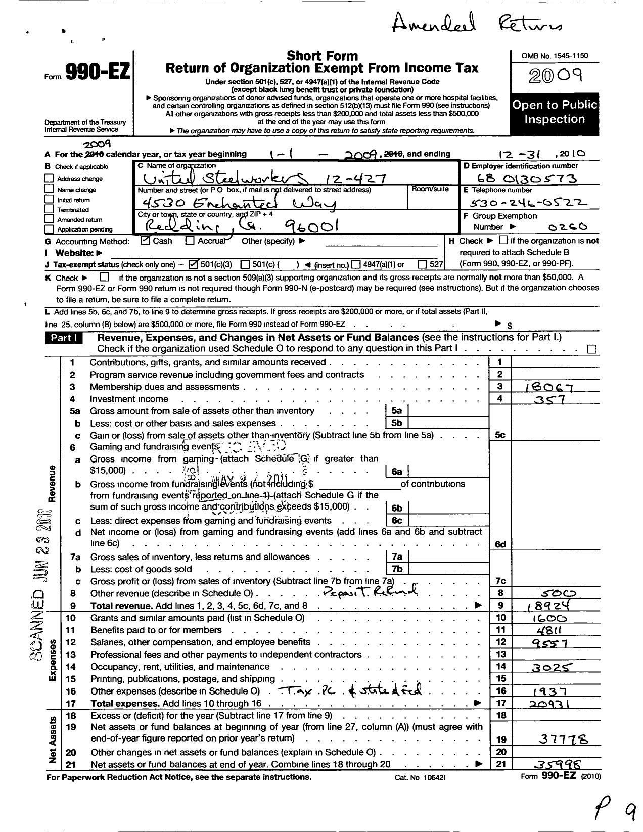 Image of first page of 2010 Form 990EZ for United Steelworkers - 12-00427 Local